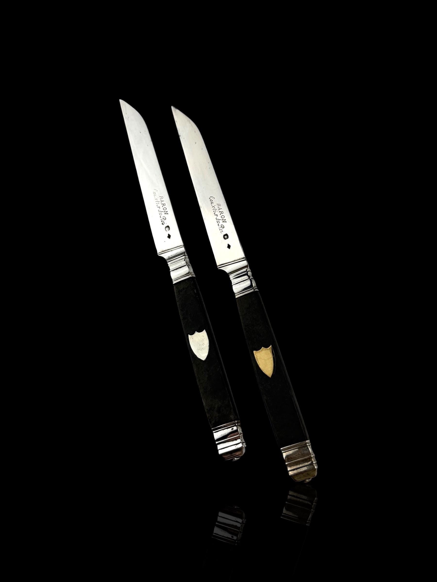 Antique French Ebony and Silver Knife Set. Circa 1830-50. Cased.