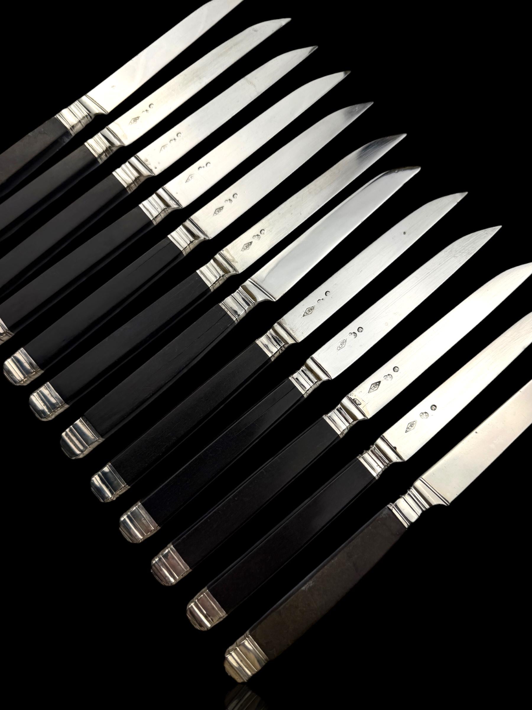 Antique French Ebony and Silver Knife Set. Circa 1830-50. Cased.