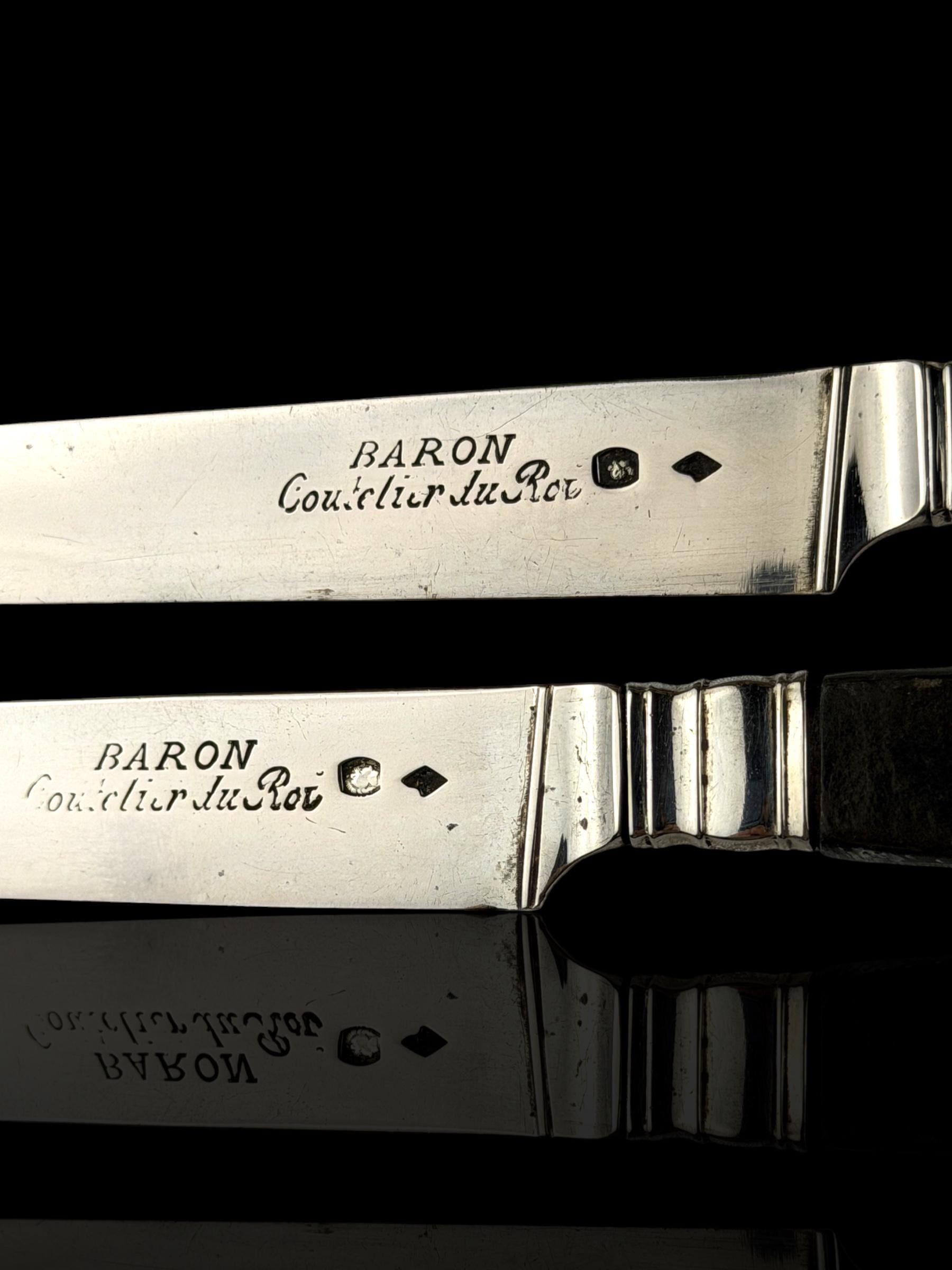 Antique French Ebony and Silver Knife Set. Circa 1830-50. Cased.
