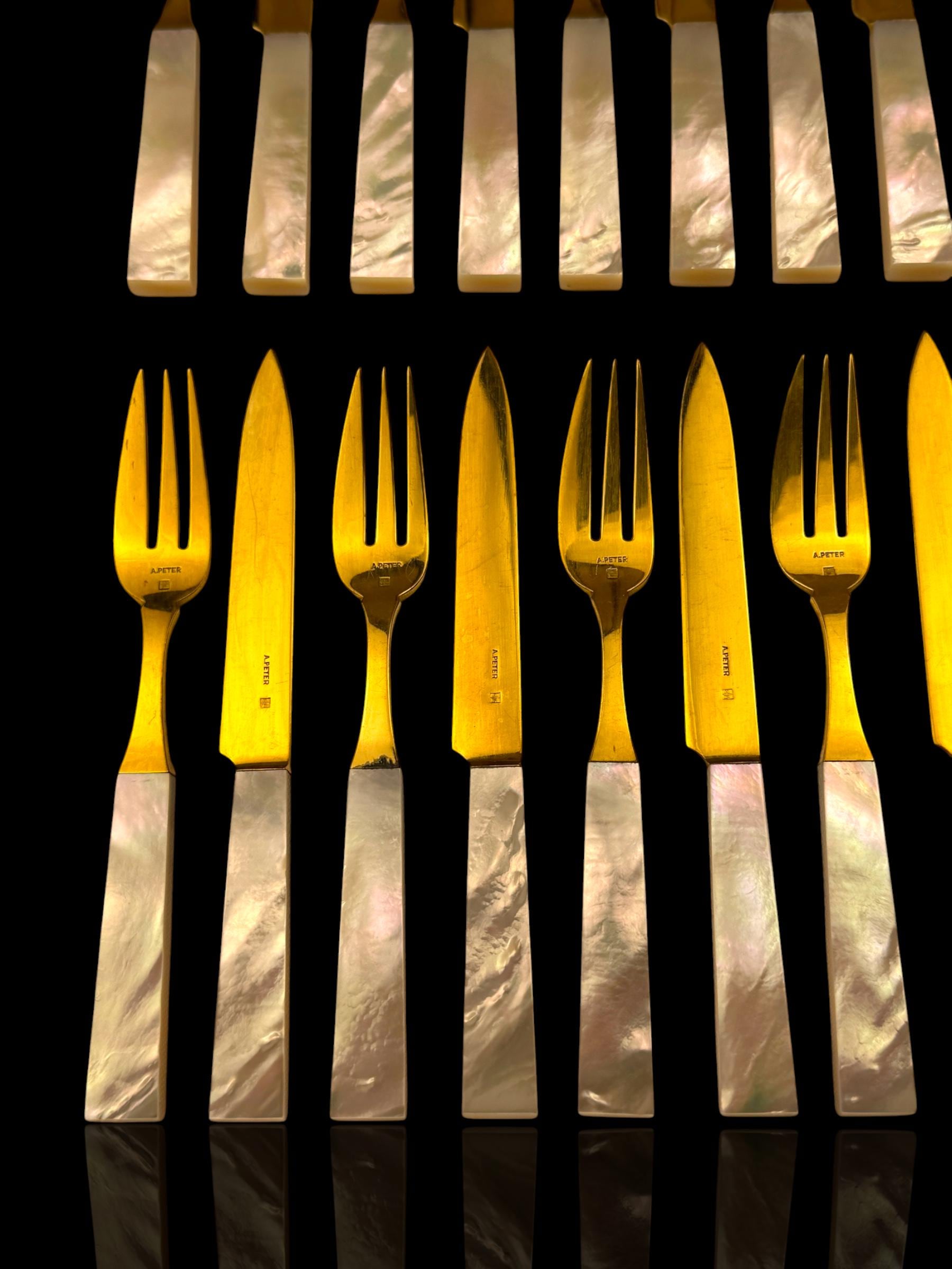 French Art Deco Cutlery Set. Gilt and Mother of Pearl. Cased.