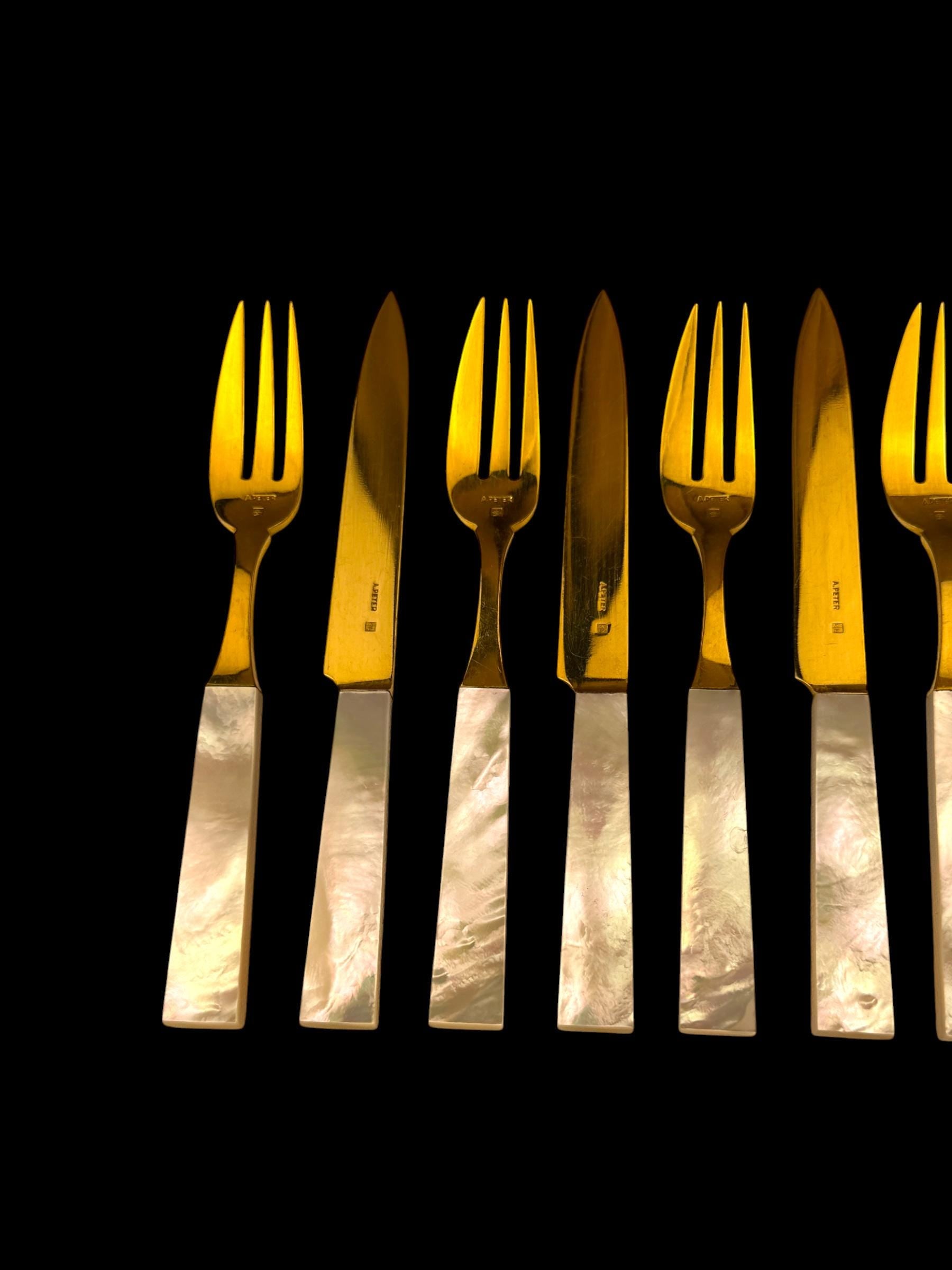 French Art Deco Cutlery Set. Gilt and Mother of Pearl. Cased.
