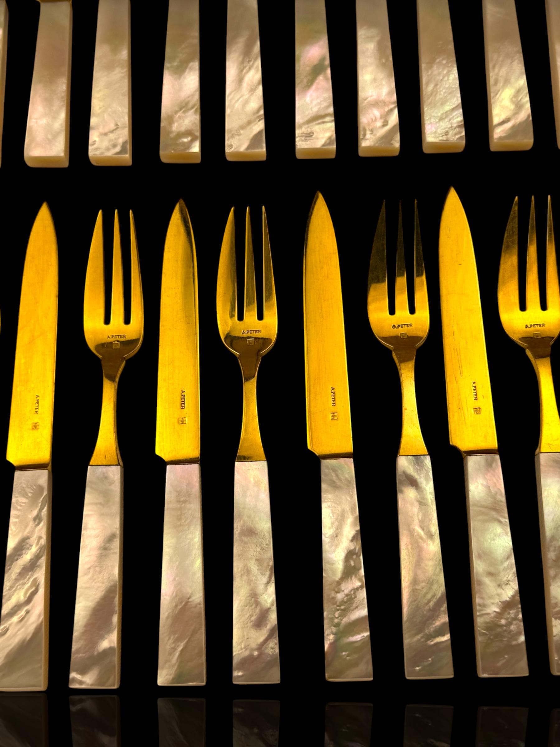 French Art Deco Cutlery Set. Gilt and Mother of Pearl. Cased.