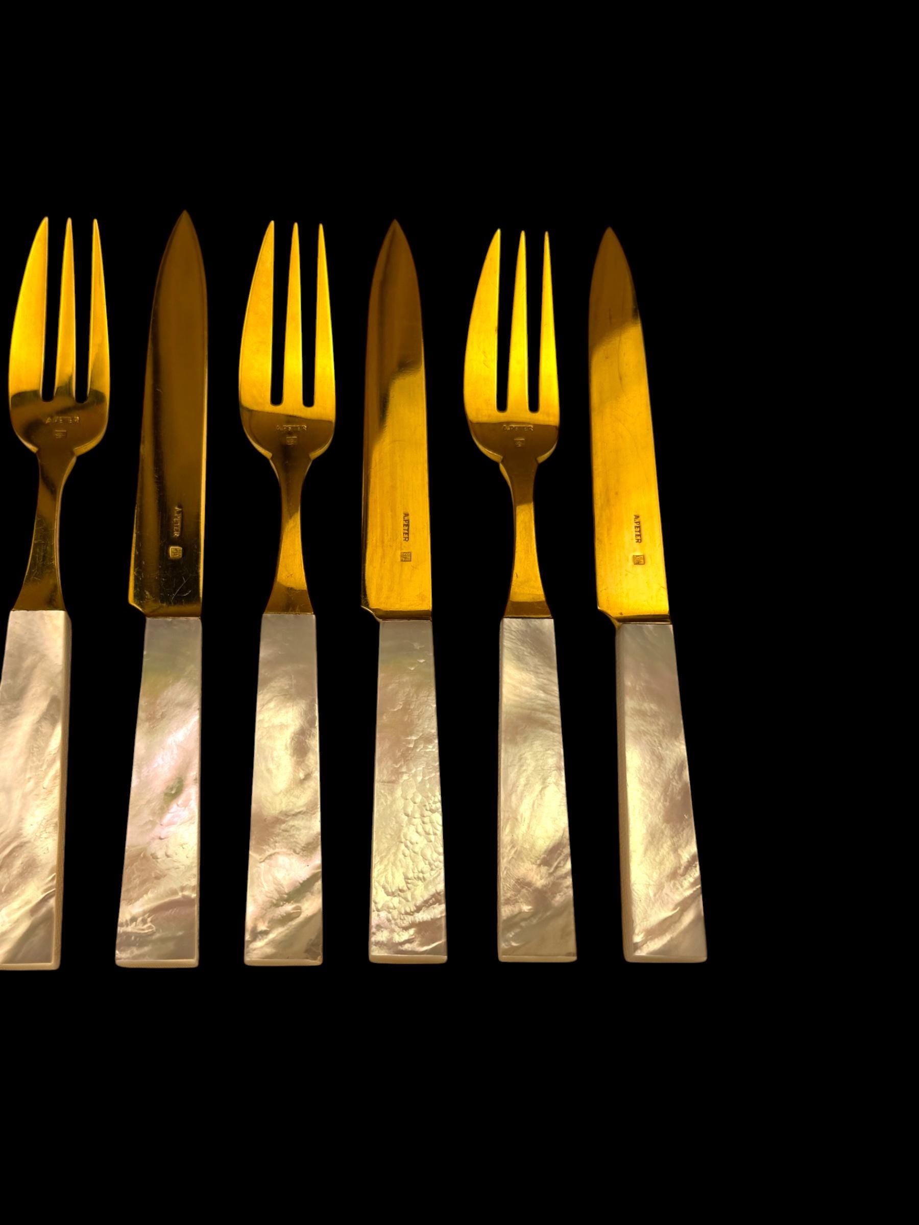 French Art Deco Cutlery Set. Gilt and Mother of Pearl. Cased.