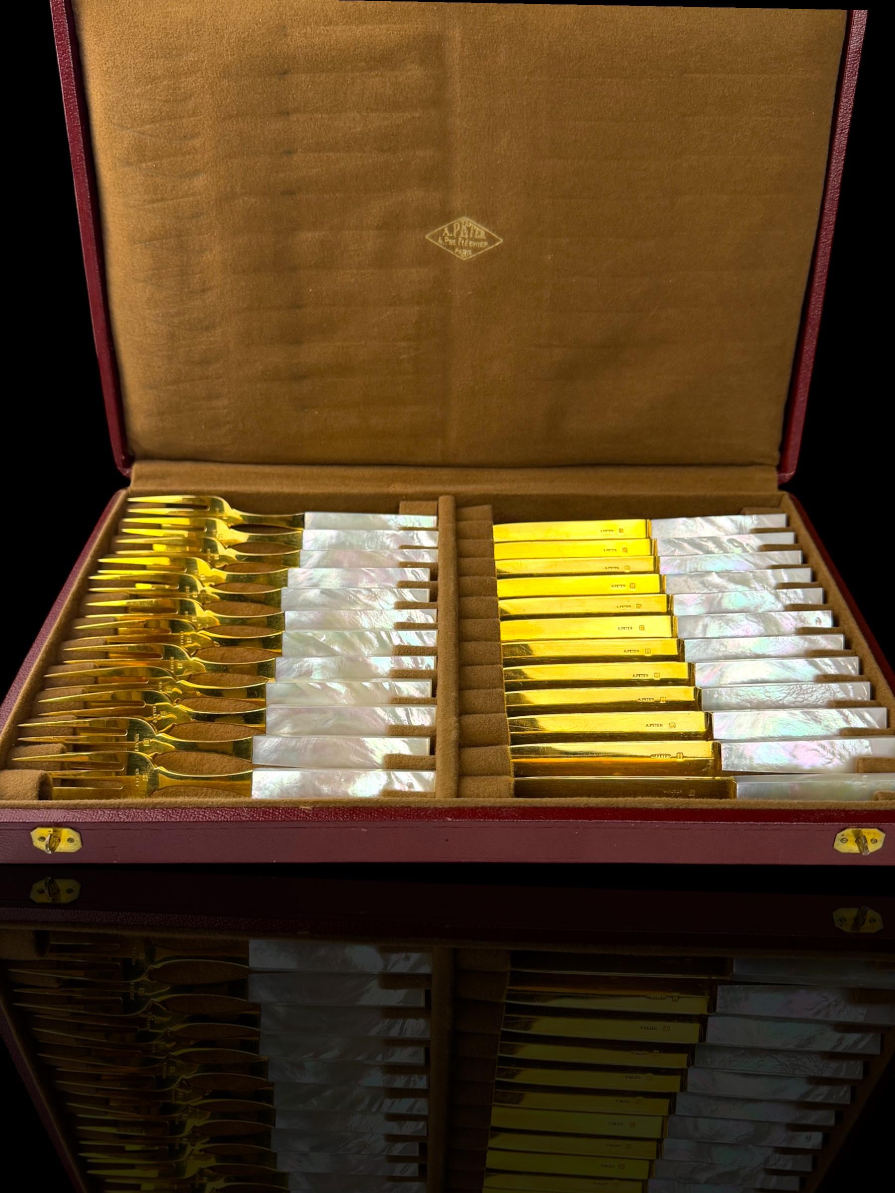 French Art Deco Cutlery Set. Gilt and Mother of Pearl. Cased.