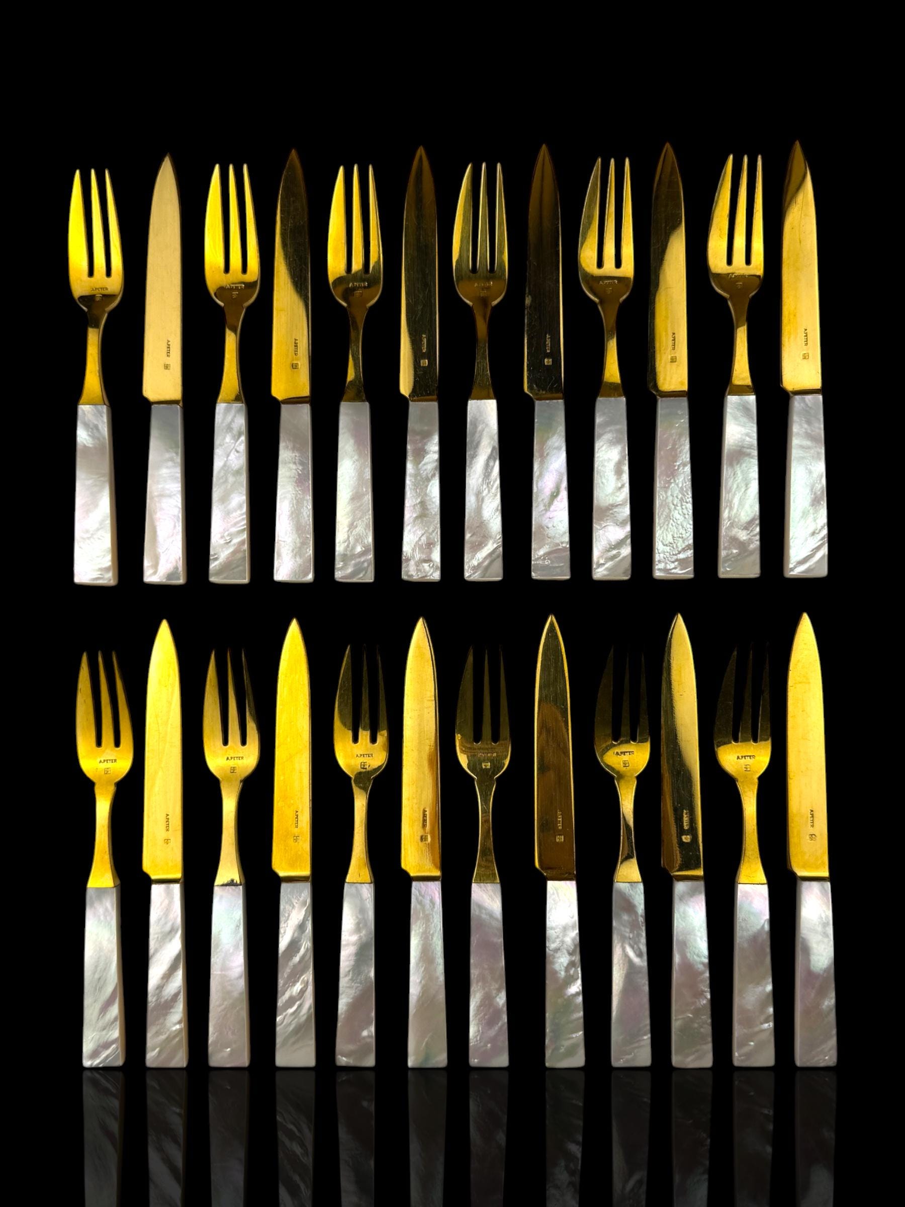 French Art Deco Cutlery Set. Gilt and Mother of Pearl. Cased.
