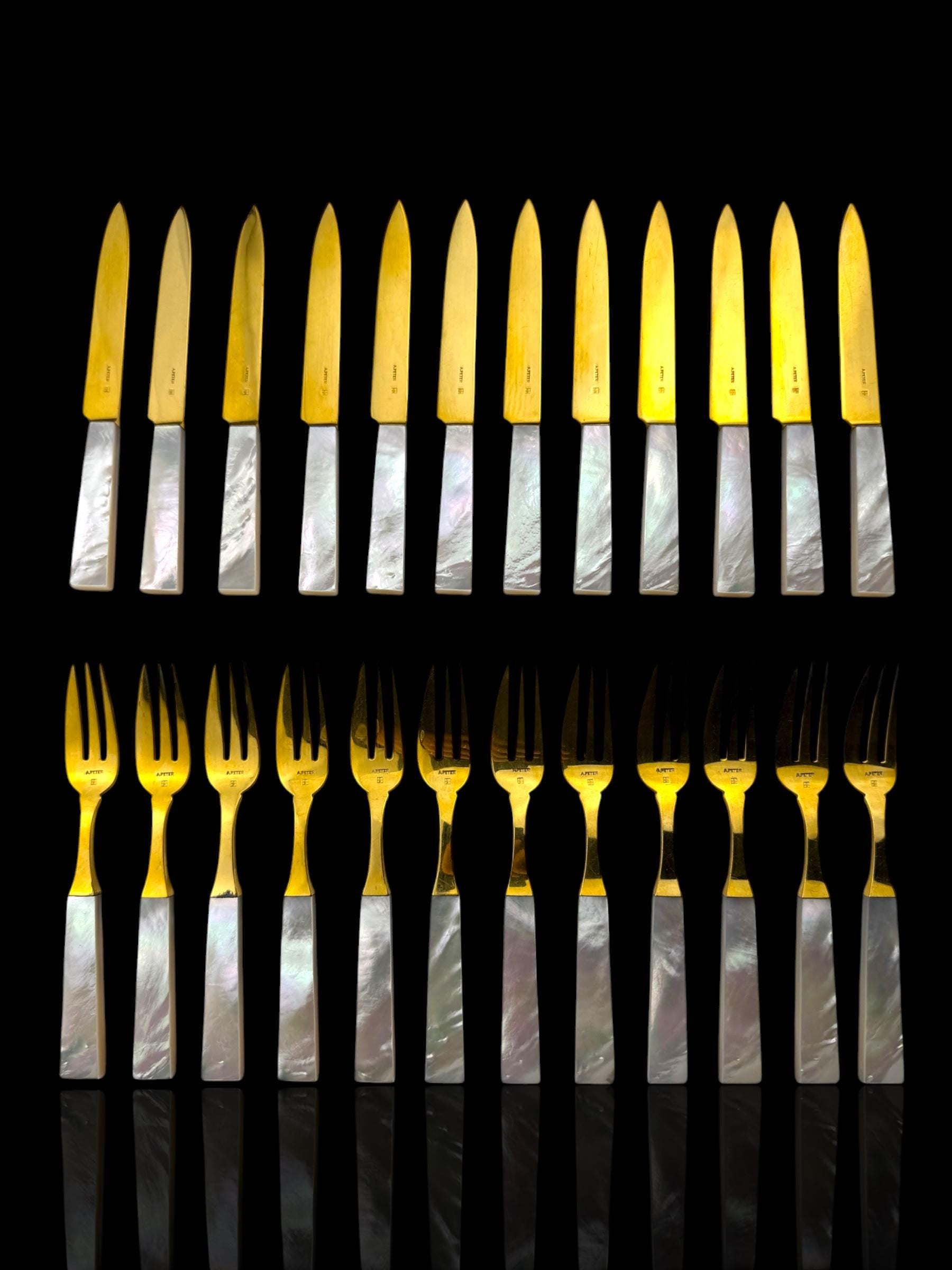 French Art Deco Cutlery Set. Gilt and Mother of Pearl. Cased.