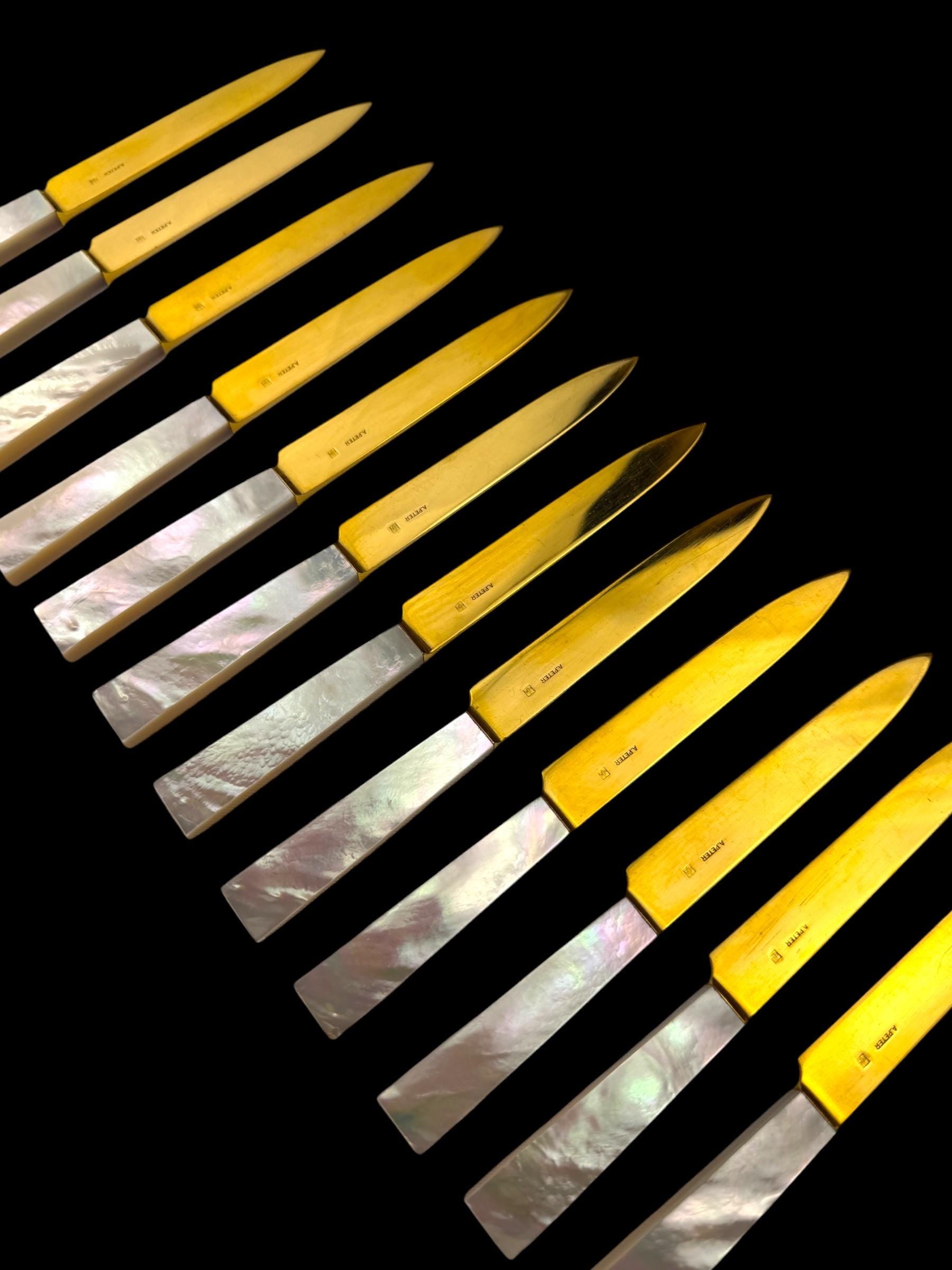 French Art Deco Cutlery Set. Gilt and Mother of Pearl. Cased.