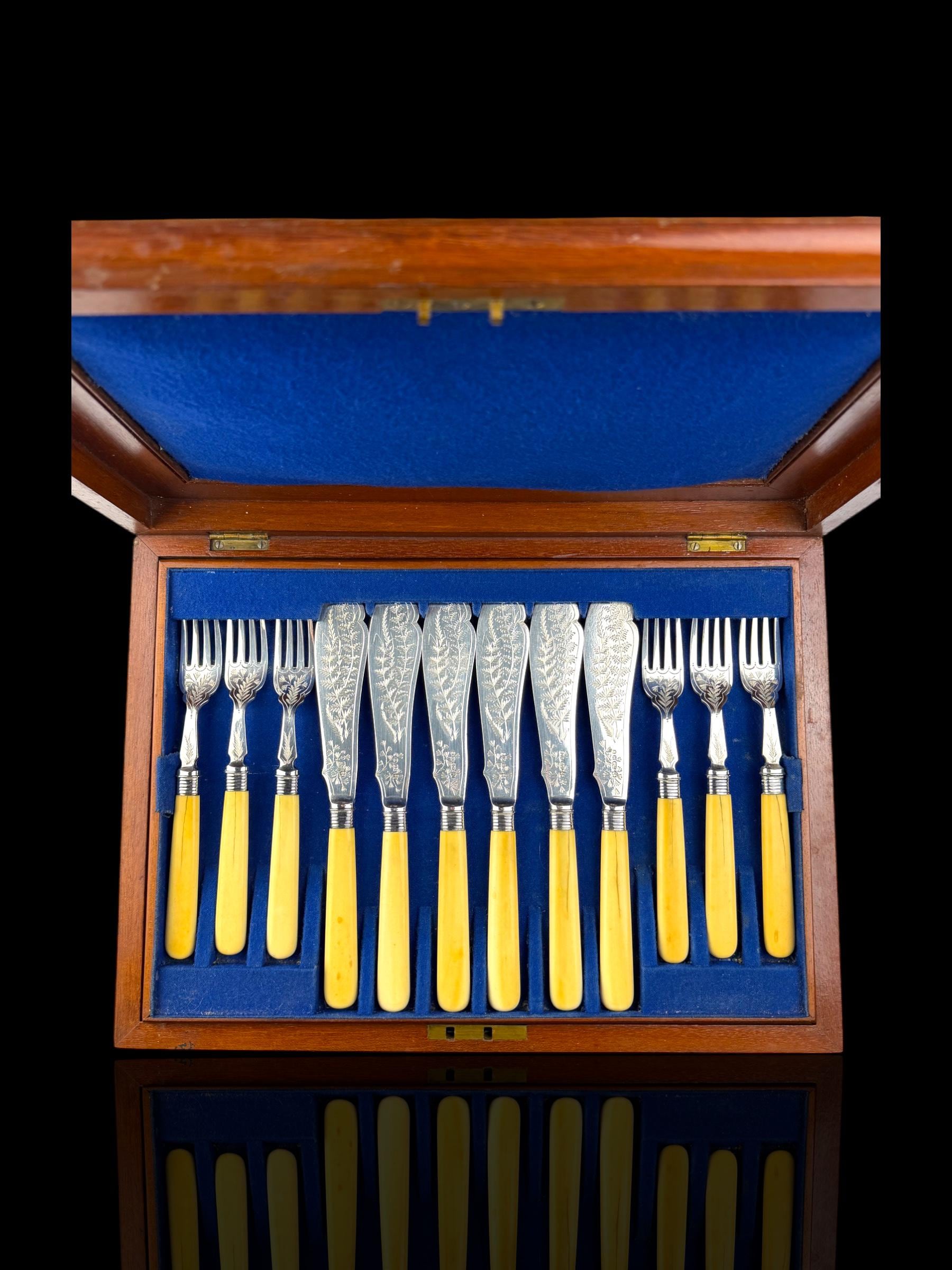 24pc Fish Cutlery Set in Impressive Presentation Case. Mother of Pearl and Silver Plate.