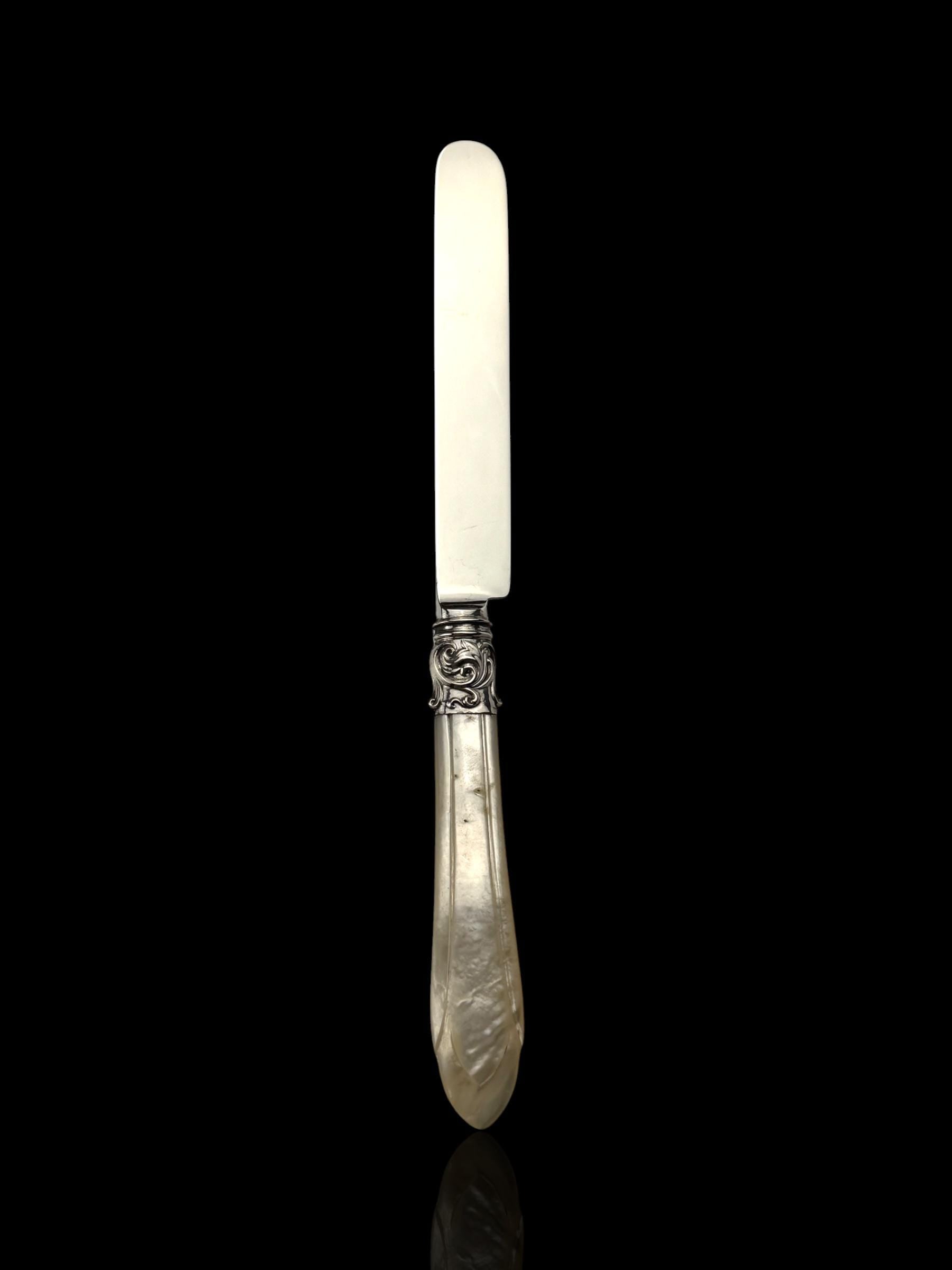 Antique Letter Opener or Butter Knife. 1867, Sterling Silver and MOther of Pearl. Cased.