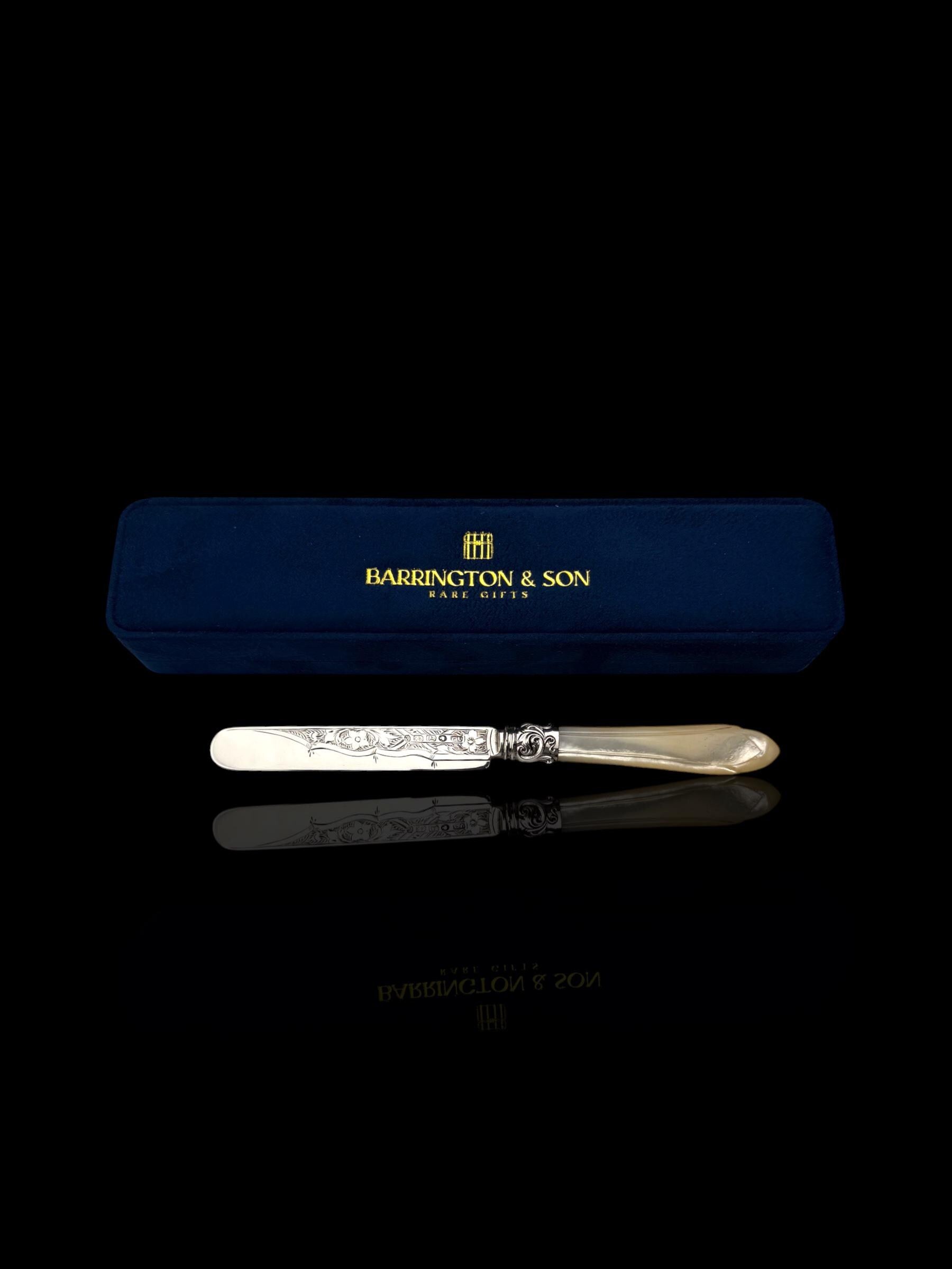 Antique Letter Opener or Butter Knife. 1867, Sterling Silver and MOther of Pearl. Cased.