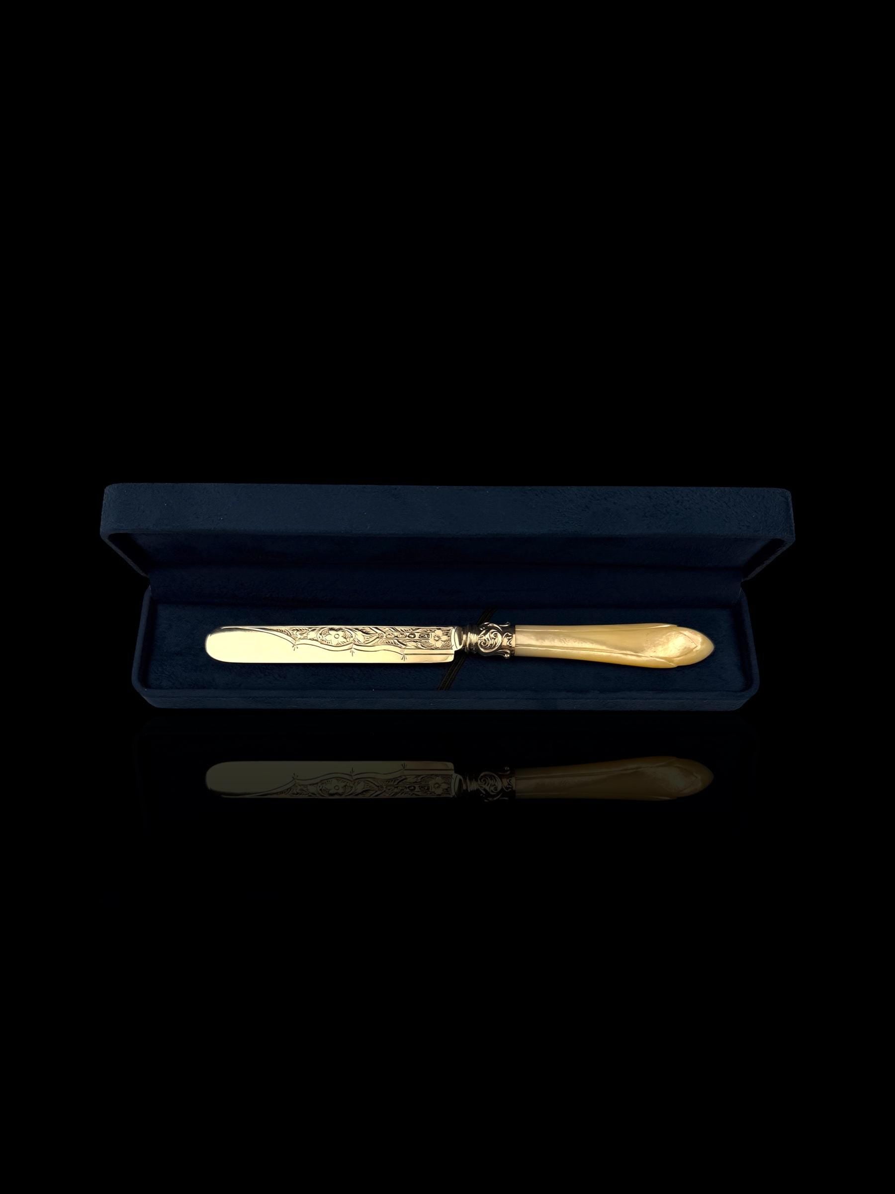 Antique Letter Opener or Butter Knife. 1867, Sterling Silver and MOther of Pearl. Cased.