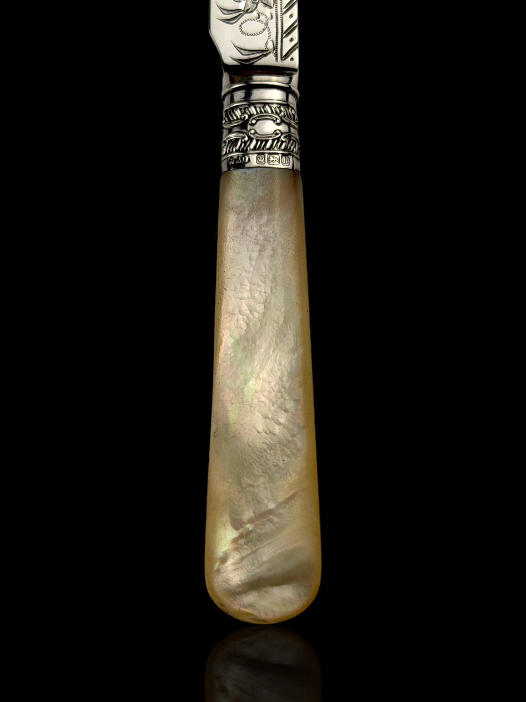 Antique Letter Opener or Butter Knife. 1902, Mother of Pearl and Sterling Silver. Cased.