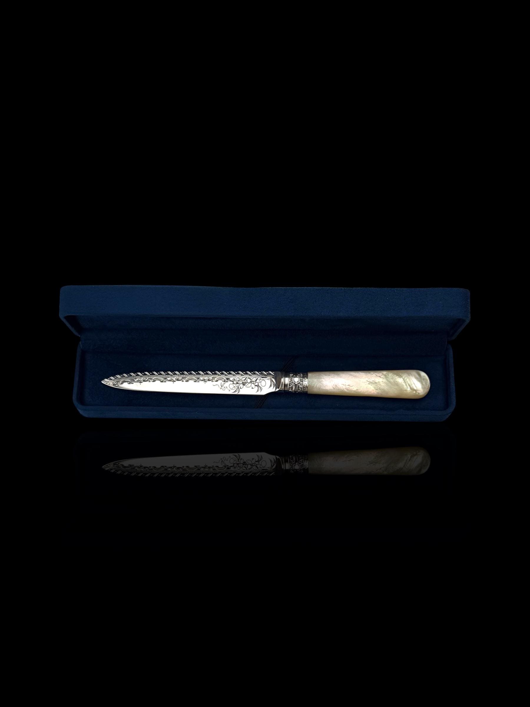Antique Letter Opener or Butter Knife. 1902, Mother of Pearl and Sterling Silver. Cased.