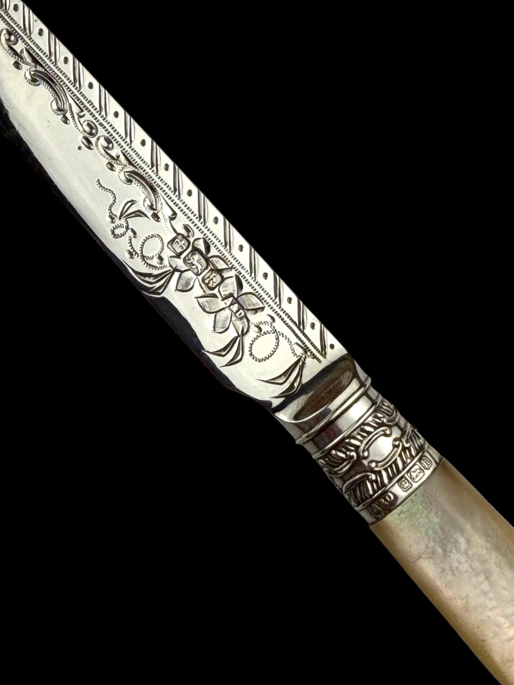 Antique Letter Opener or Butter Knife. 1902, Mother of Pearl and Sterling Silver. Cased.