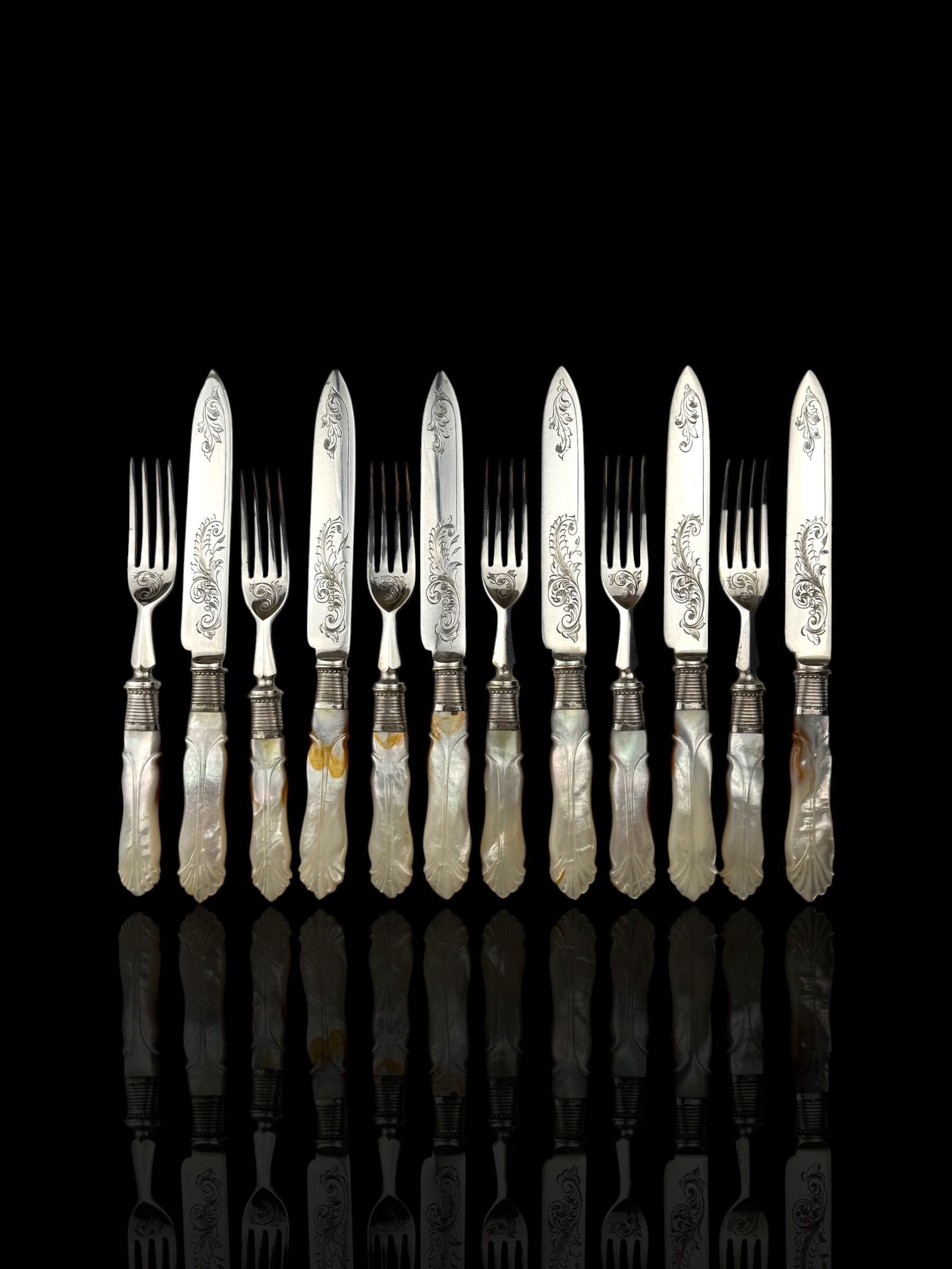 Cutlery Set. Mother of Pearl and Silver Plate. Circa 1900.