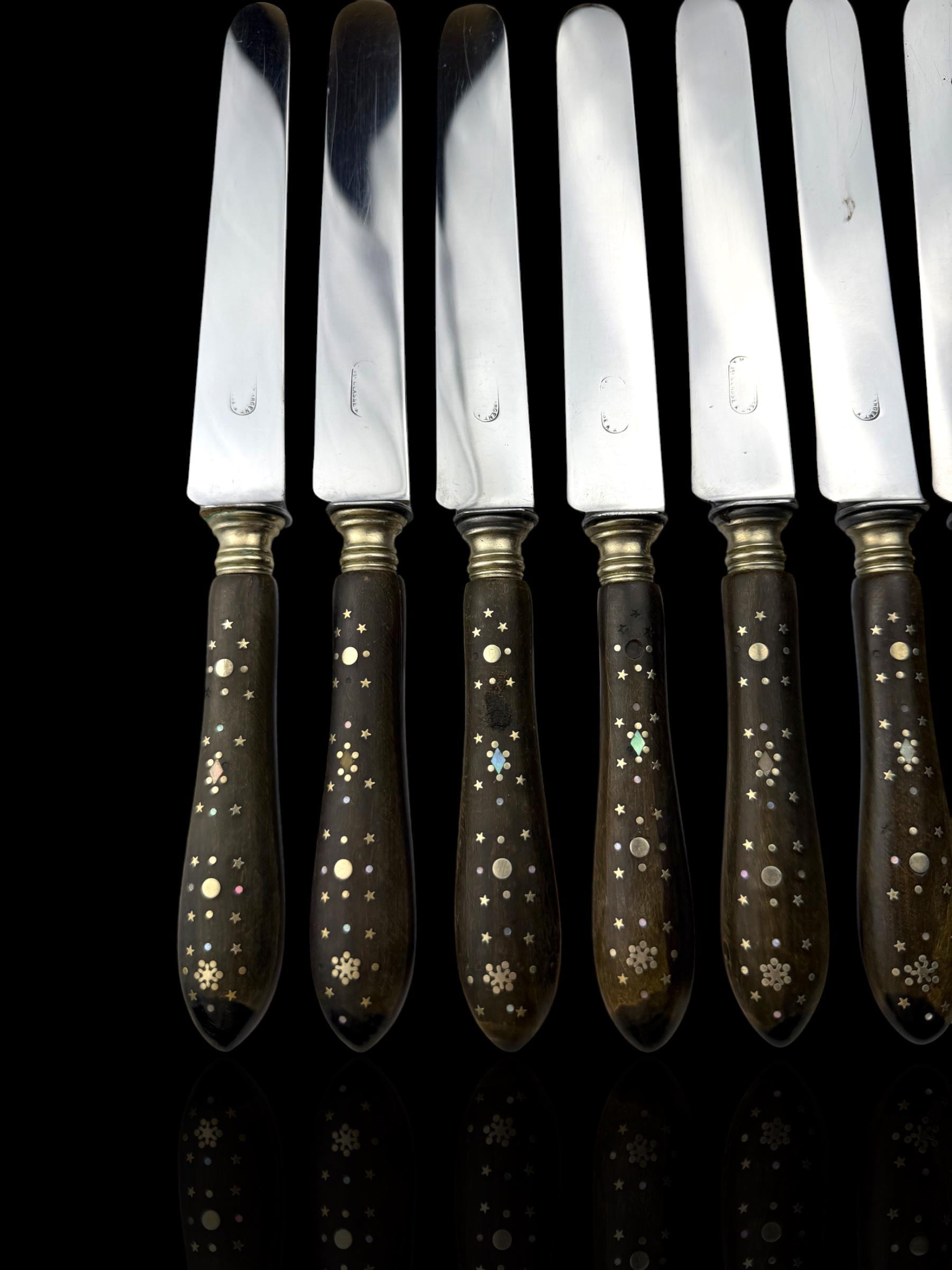 Antique French Ebony Knife Set. Ebony and Silver Plate. France, cira 1880-1910