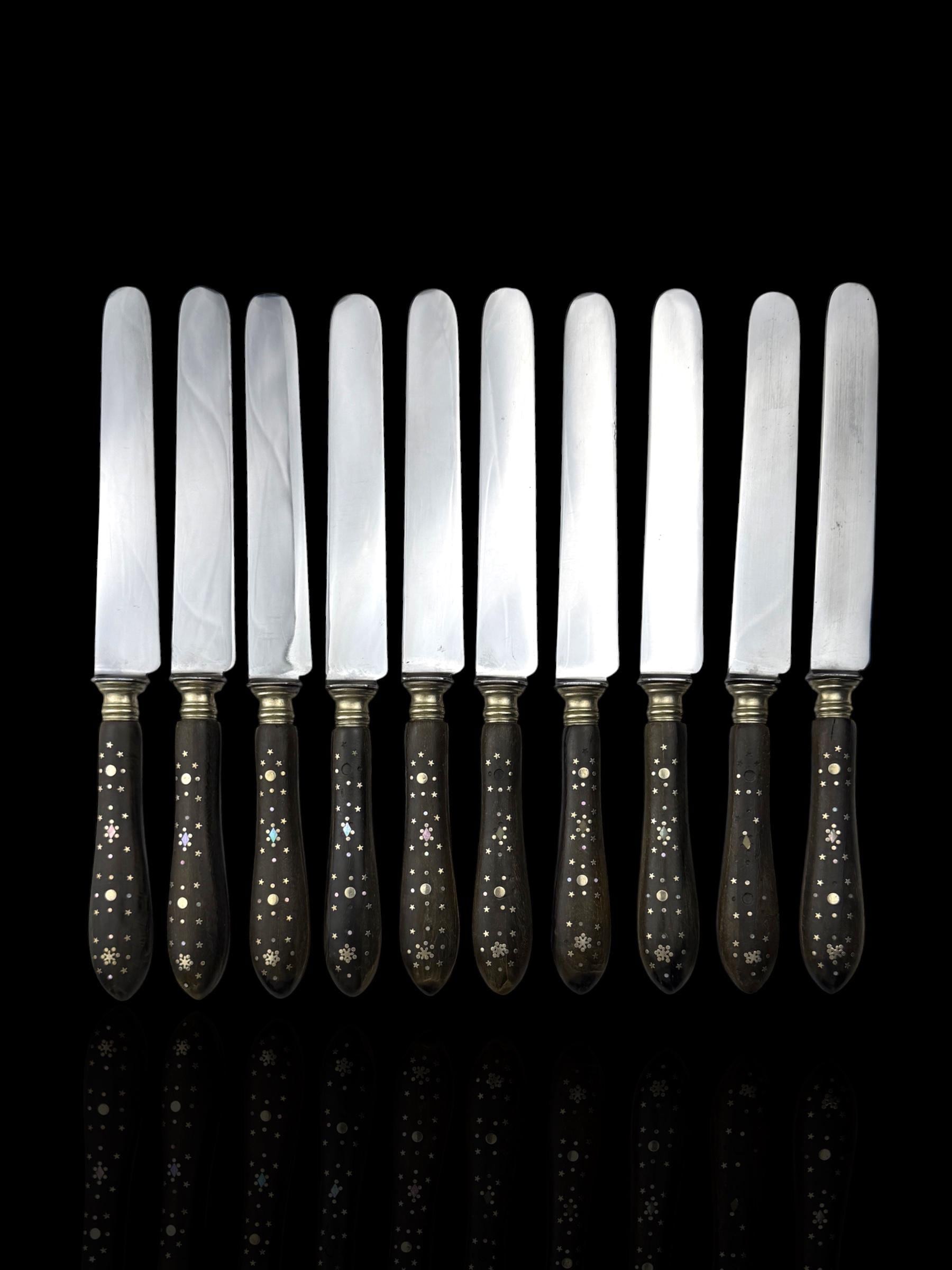 Antique French Ebony Knife Set. Ebony and Silver Plate. France, cira 1880-1910
