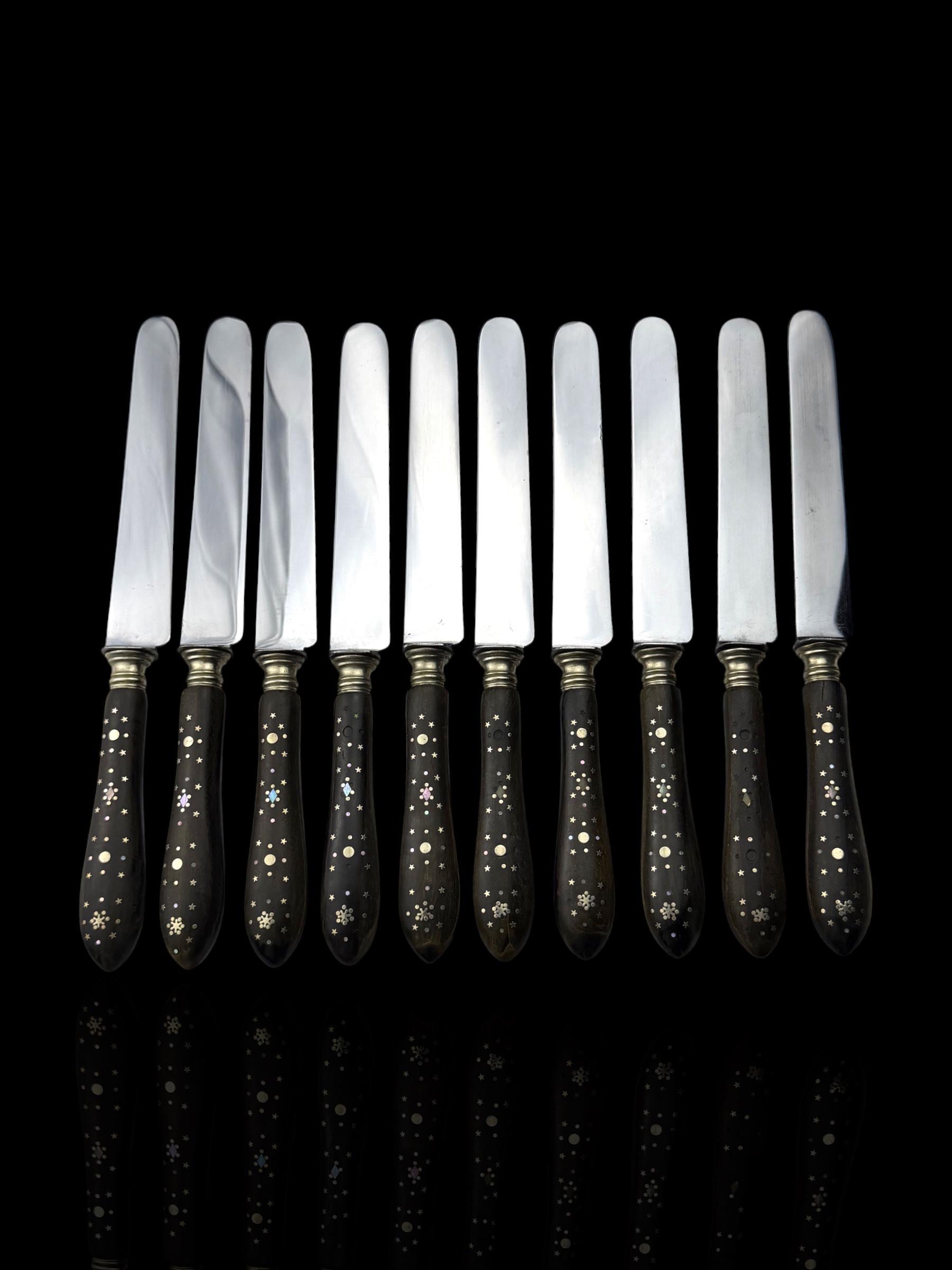 Antique French Ebony Knife Set. Ebony and Silver Plate. France, cira 1880-1910