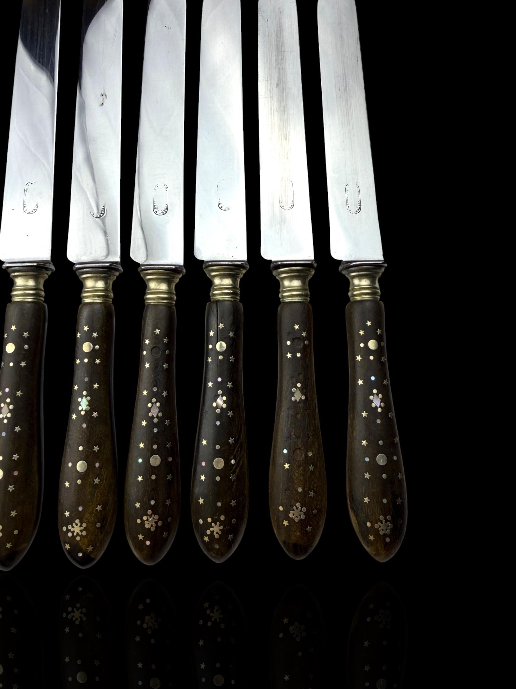 Antique French Ebony Knife Set. Ebony and Silver Plate. France, cira 1880-1910