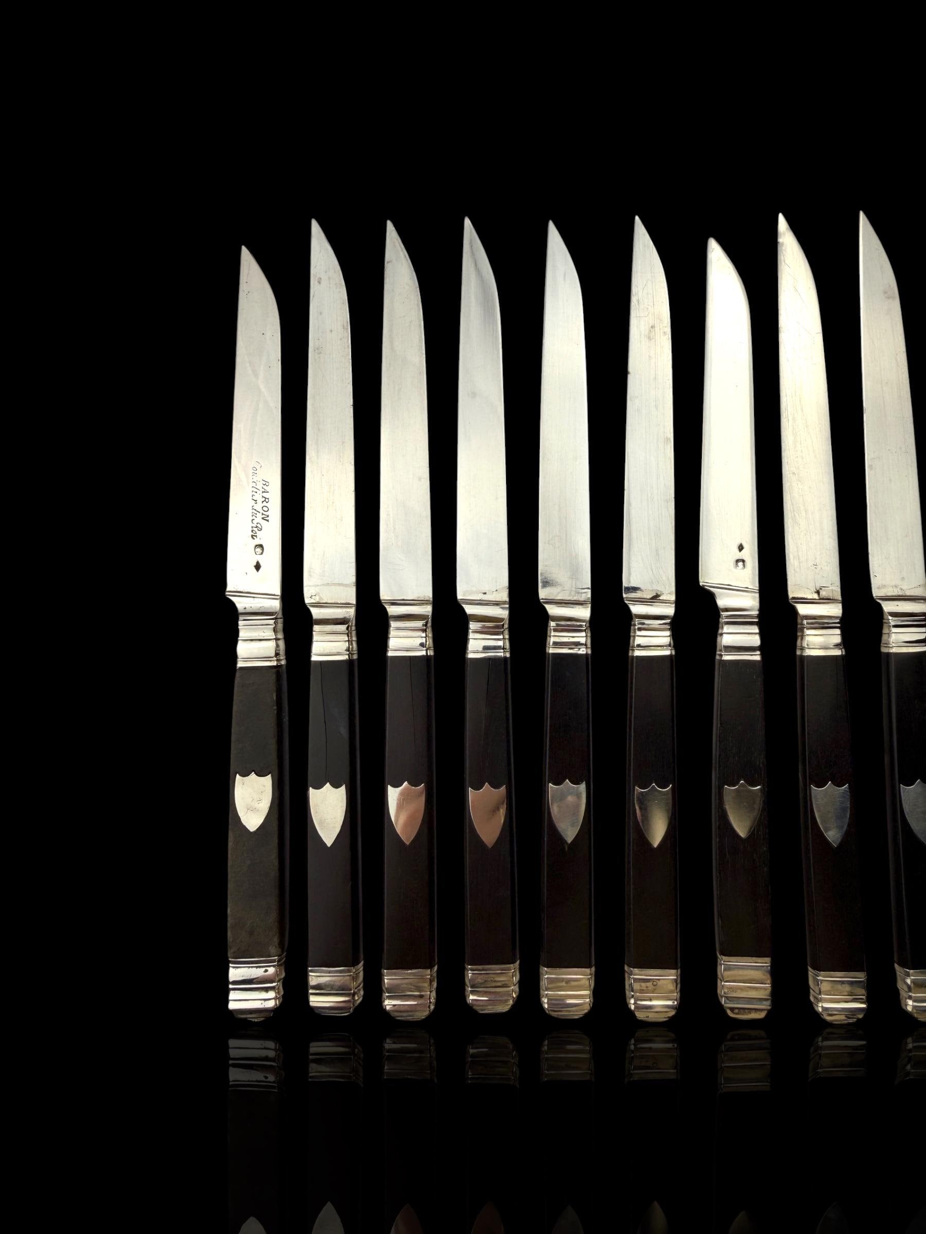 Antique French Ebony and Silver Knife Set. Circa 1830-50. Cased.