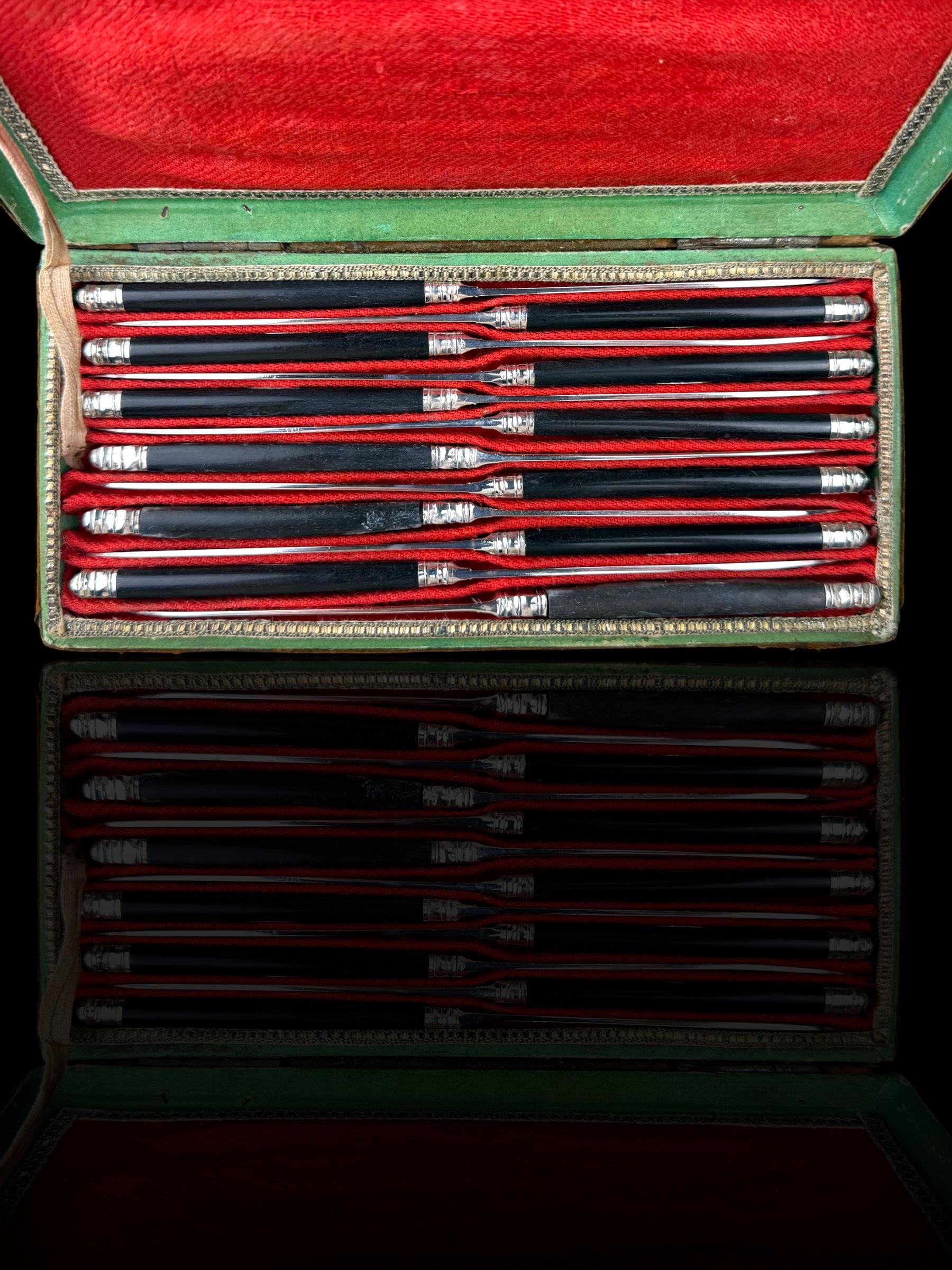 Antique French Ebony and Silver Knife Set. Circa 1830-50. Cased.