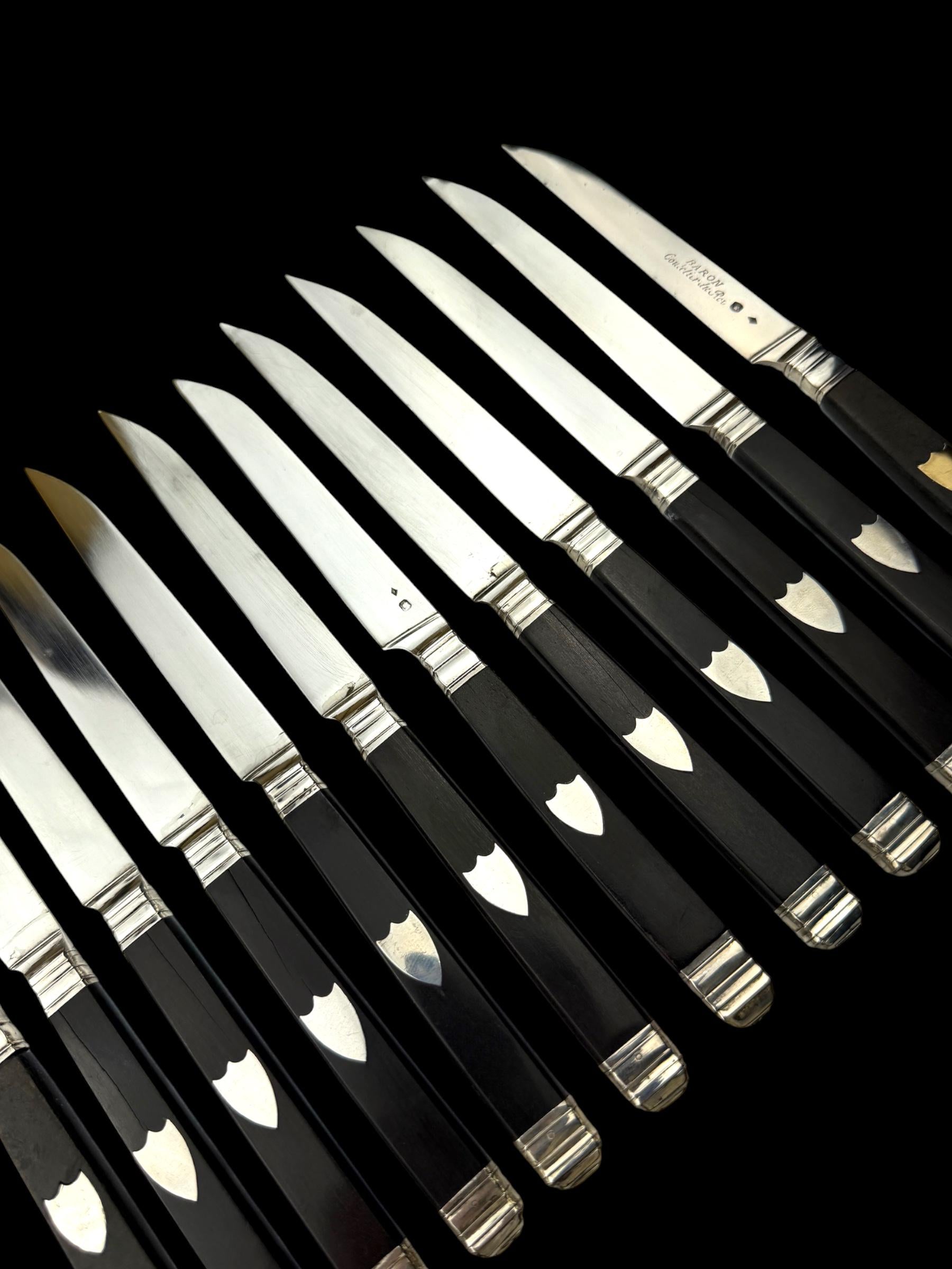 Antique French Ebony and Silver Knife Set. Circa 1830-50. Cased.
