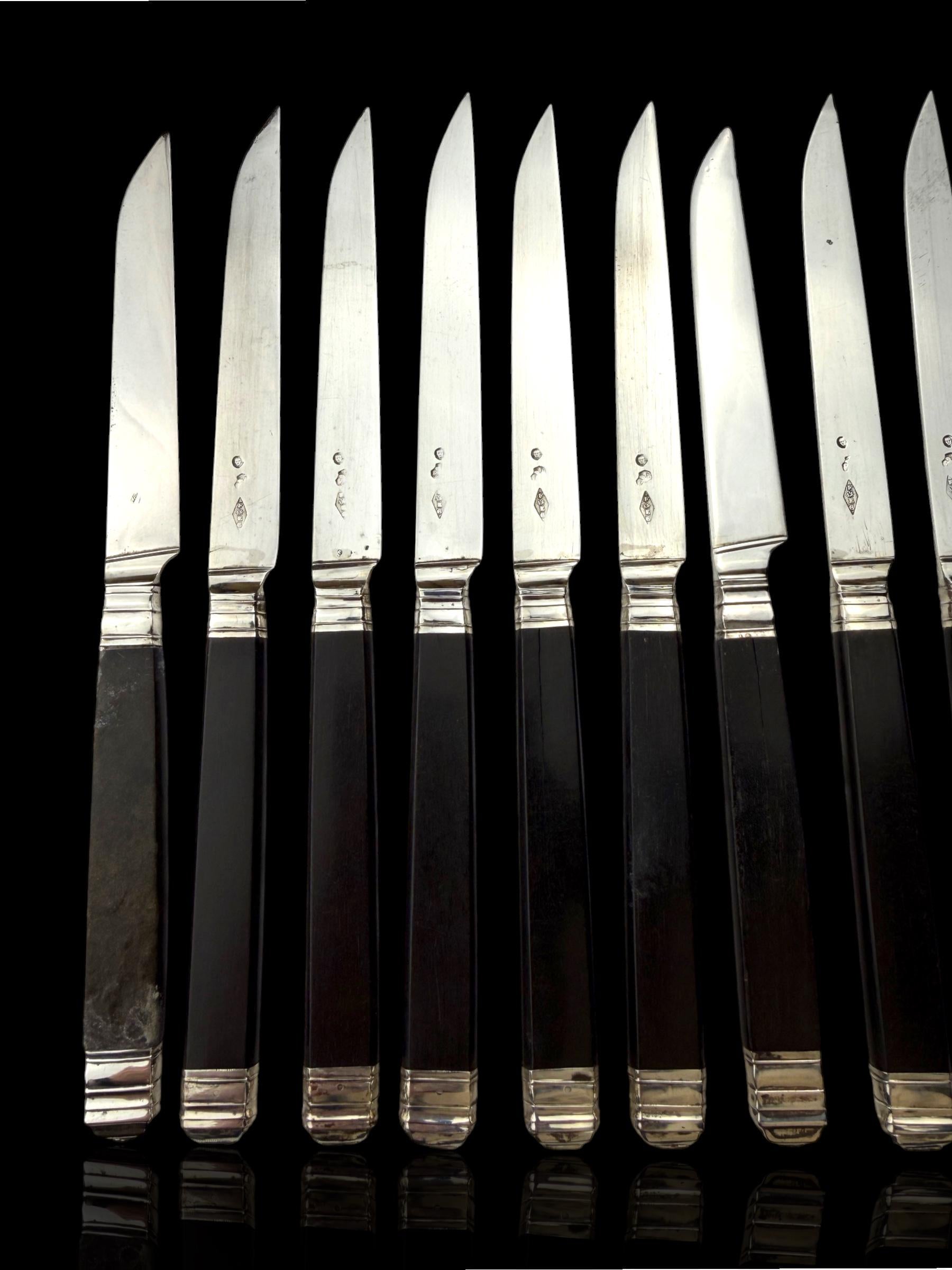 Antique French Ebony and Silver Knife Set. Circa 1830-50. Cased.
