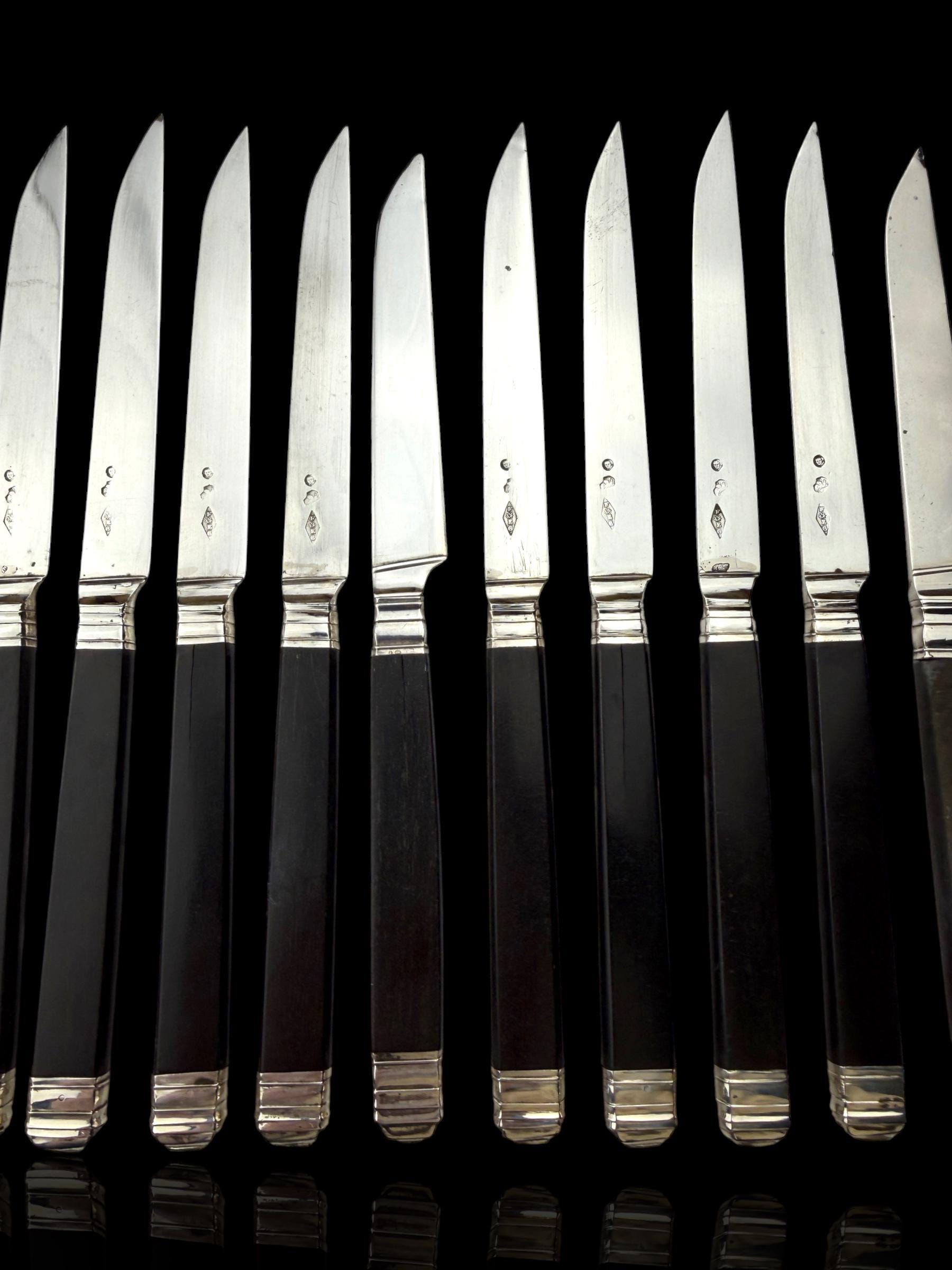 Antique French Ebony and Silver Knife Set. Circa 1830-50. Cased.