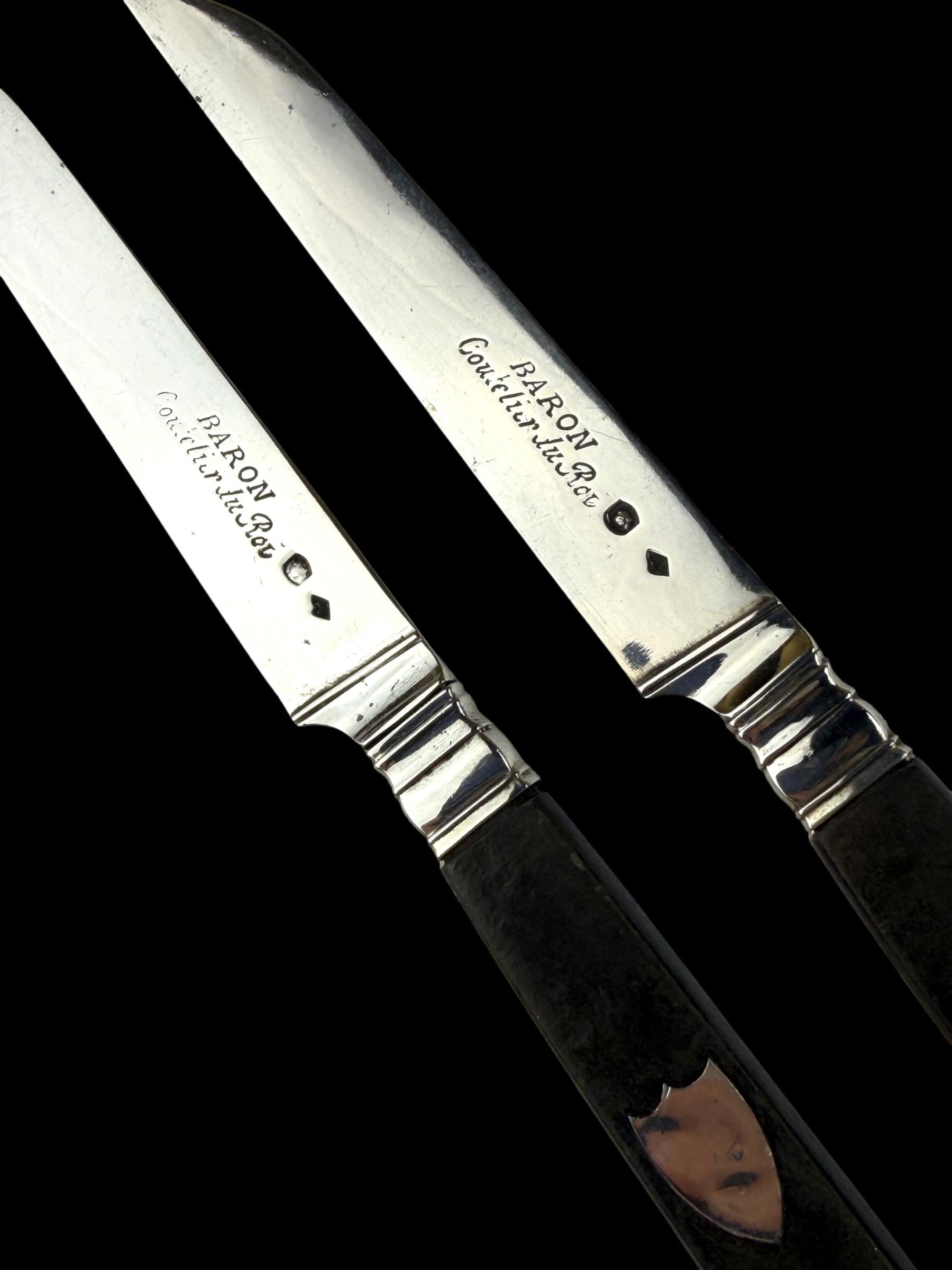 Antique French Ebony and Silver Knife Set. Circa 1830-50. Cased.