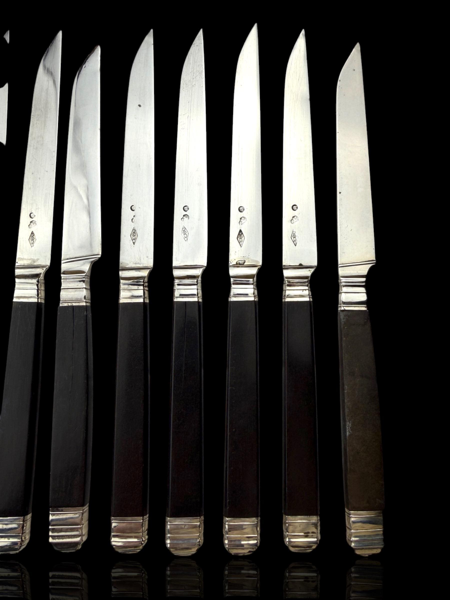 Antique French Ebony and Silver Knife Set. Circa 1830-50. Cased.
