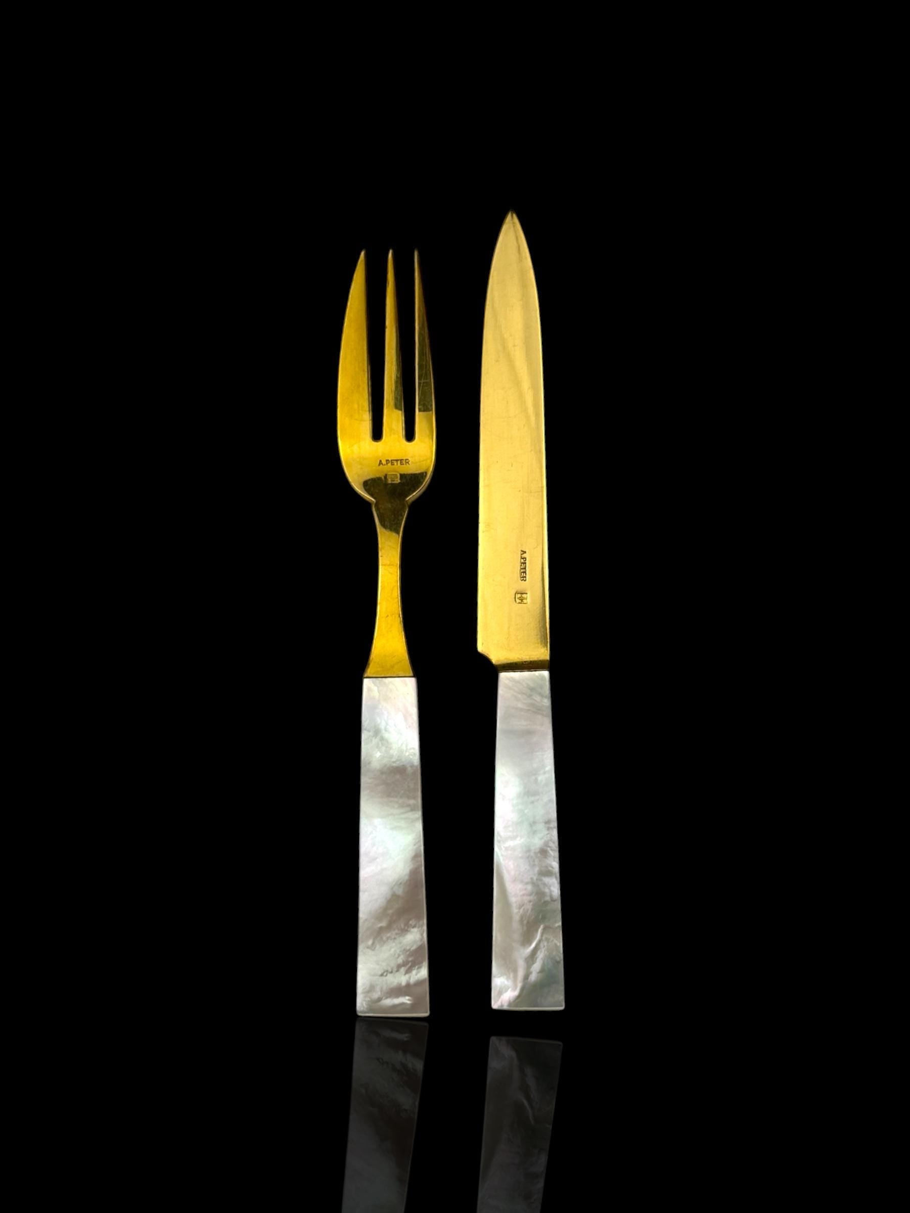French Art Deco Cutlery Set. Gilt and Mother of Pearl. Cased.