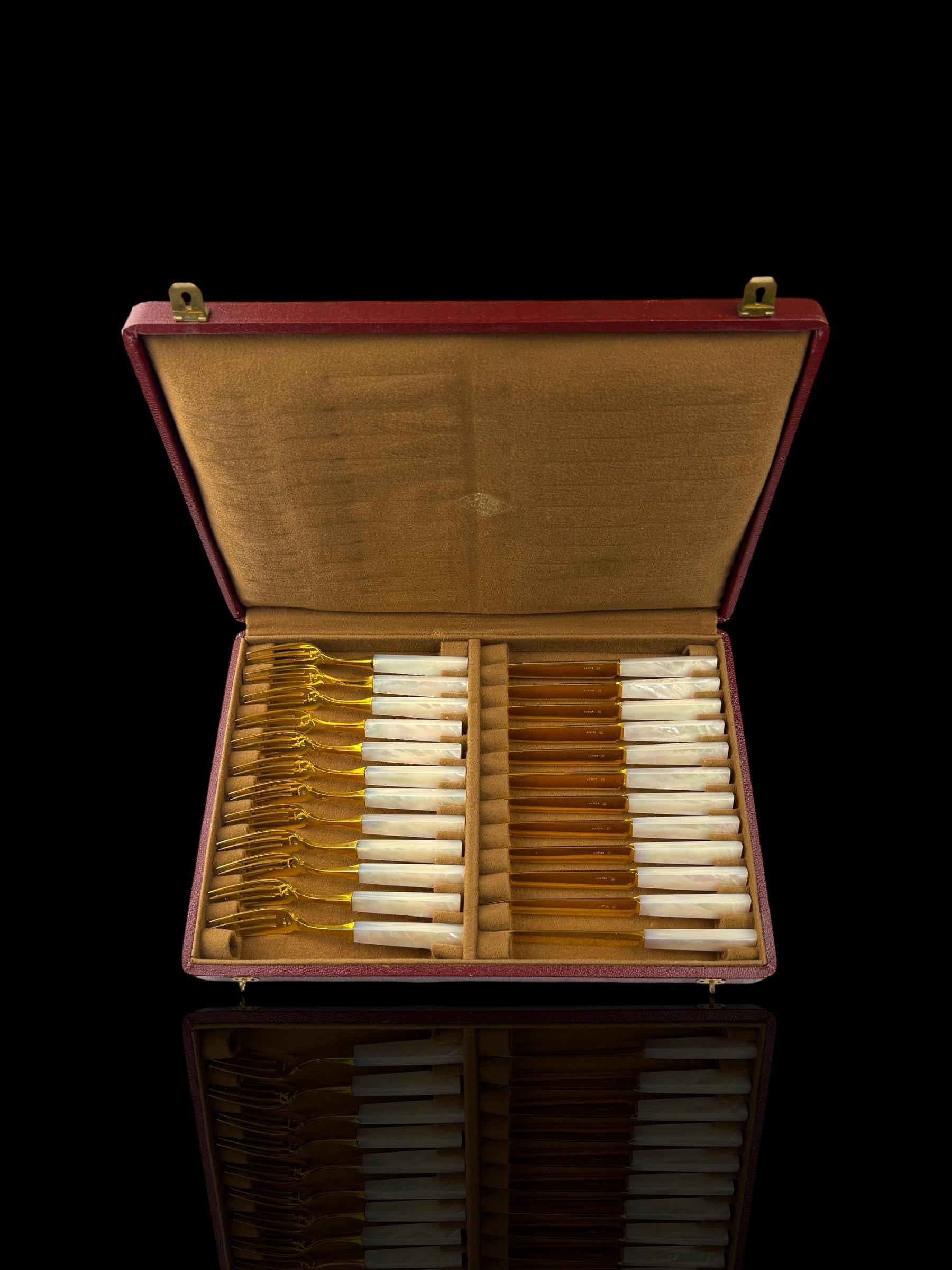 French Art Deco Cutlery Set. Gilt and Mother of Pearl. Cased.