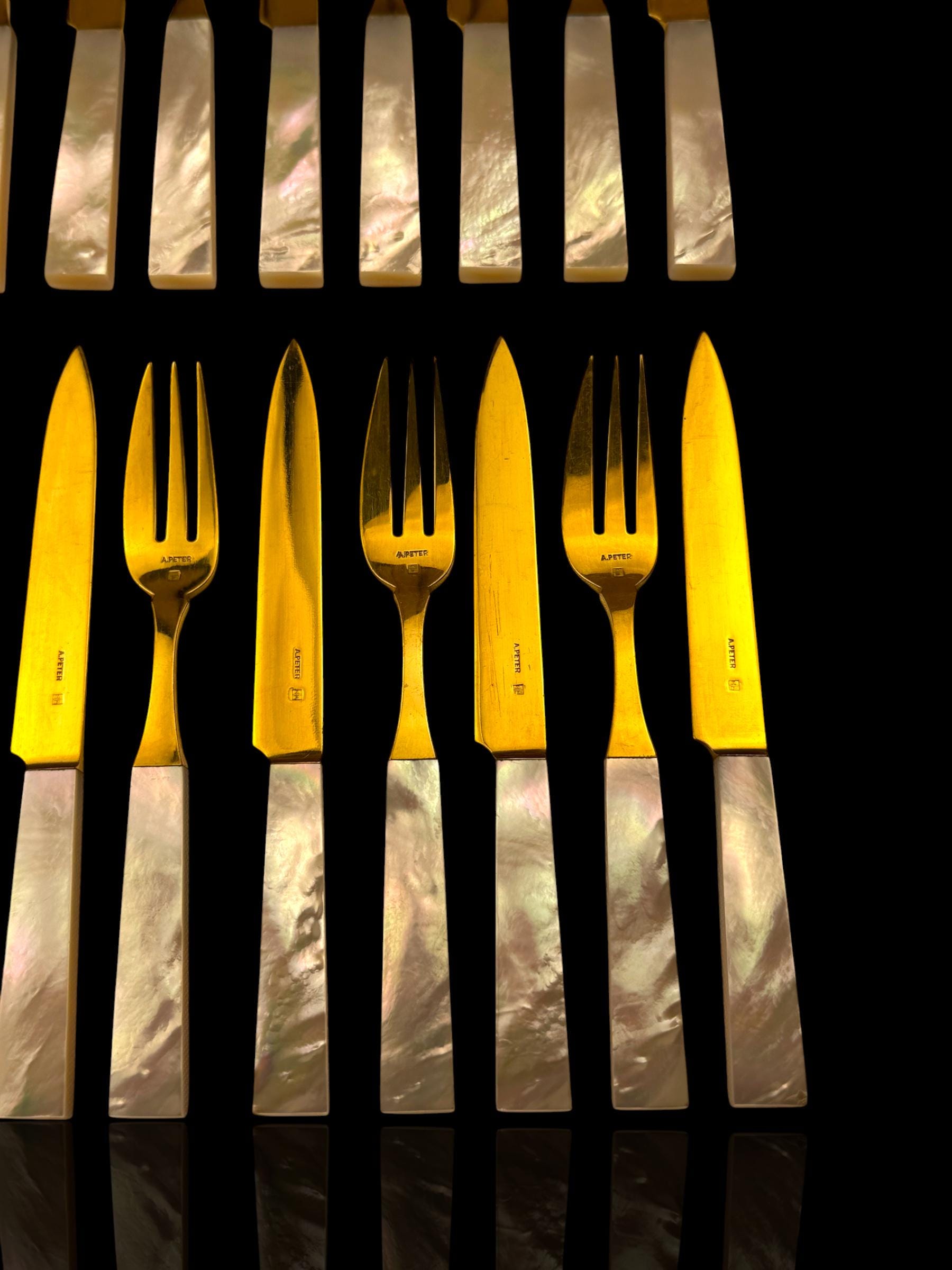 French Art Deco Cutlery Set. Gilt and Mother of Pearl. Cased.