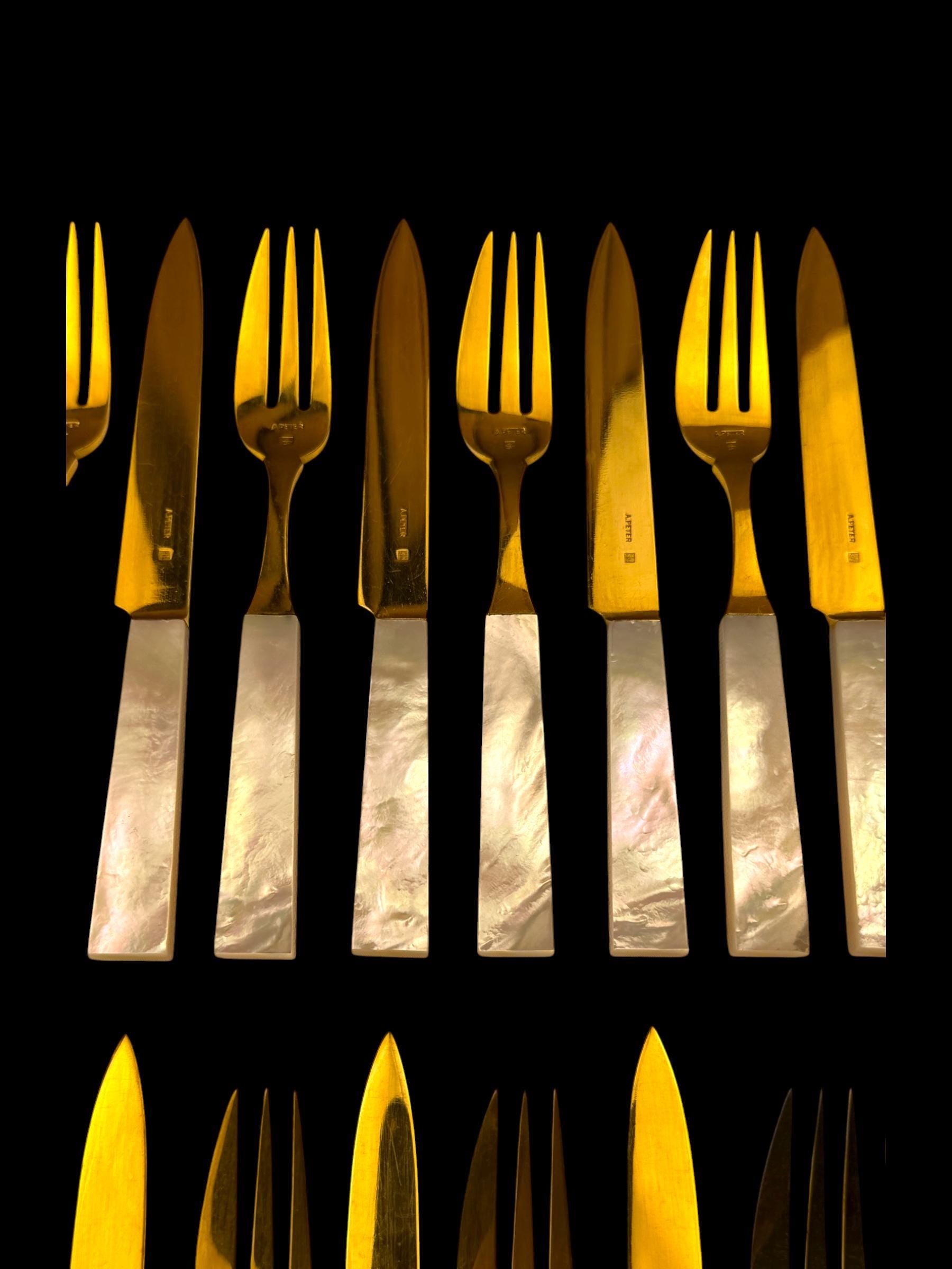 French Art Deco Cutlery Set. Gilt and Mother of Pearl. Cased.