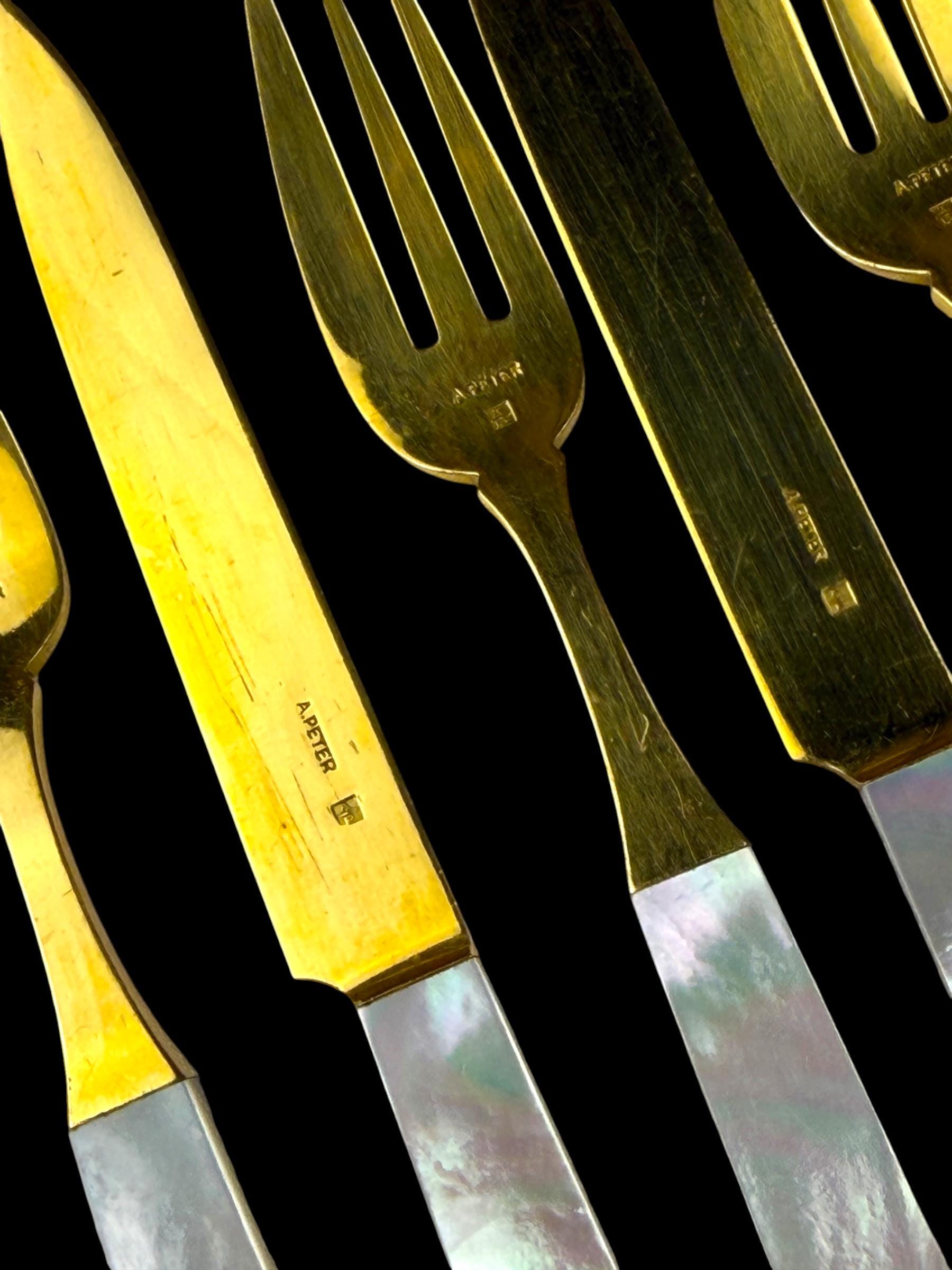 French Art Deco Cutlery Set. Gilt and Mother of Pearl. Cased.
