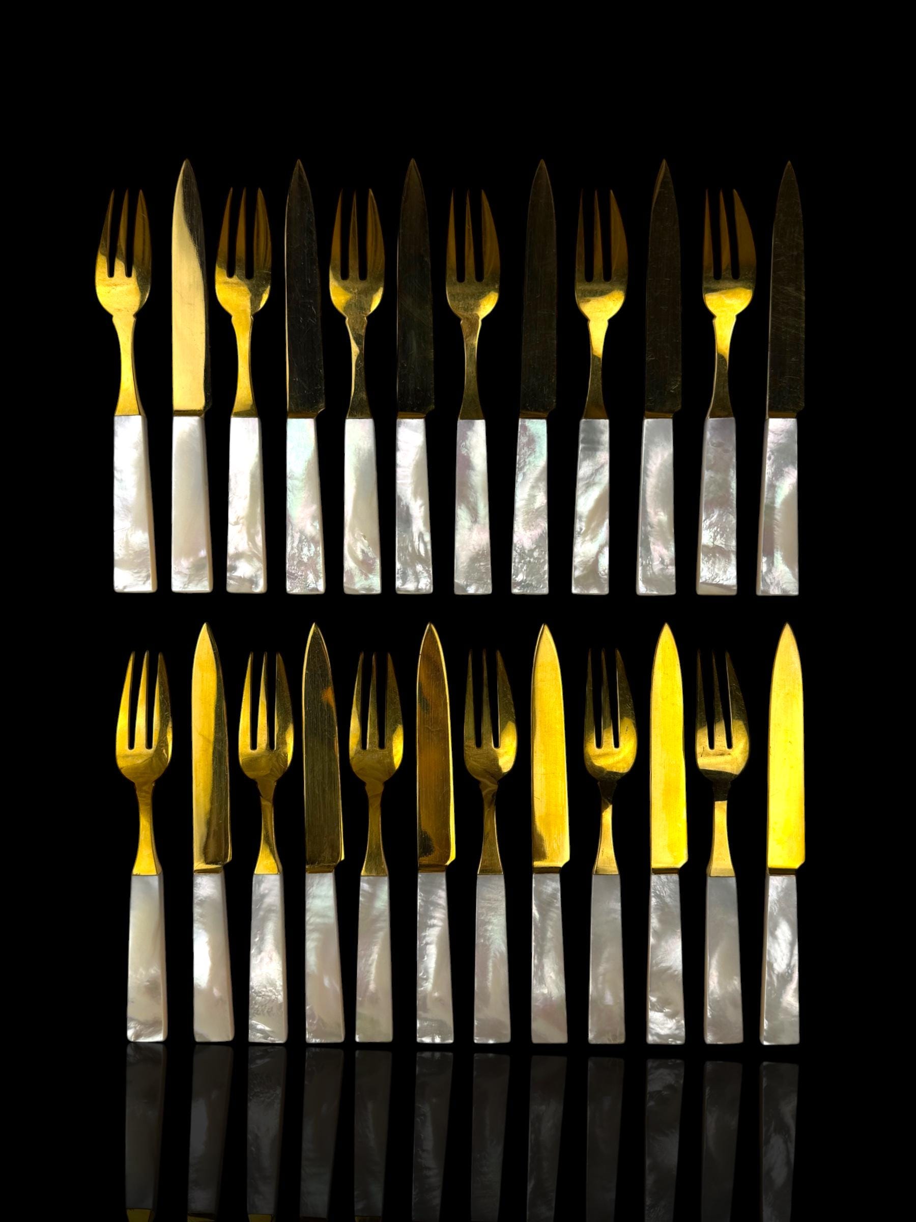 French Art Deco Cutlery Set. Gilt and Mother of Pearl. Cased.