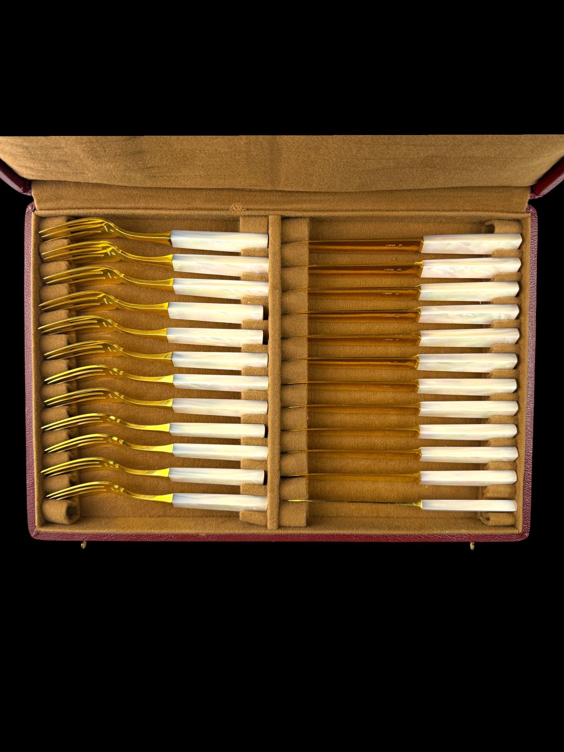 French Art Deco Cutlery Set. Gilt and Mother of Pearl. Cased.