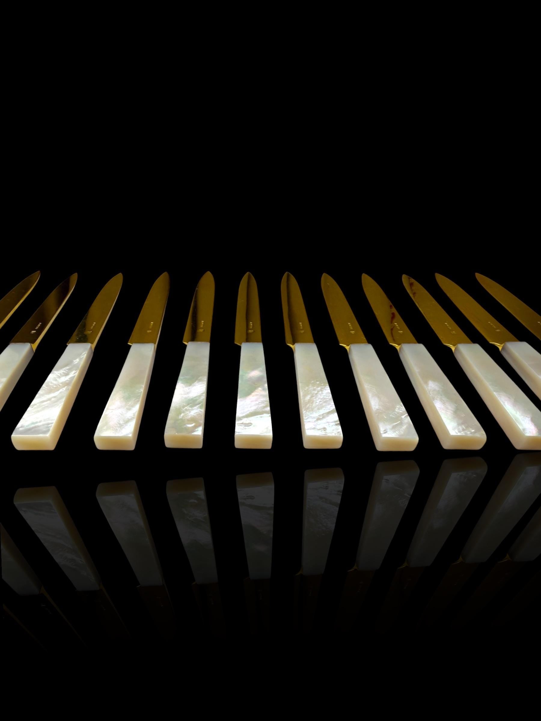 French Art Deco Cutlery Set. Gilt and Mother of Pearl. Cased.