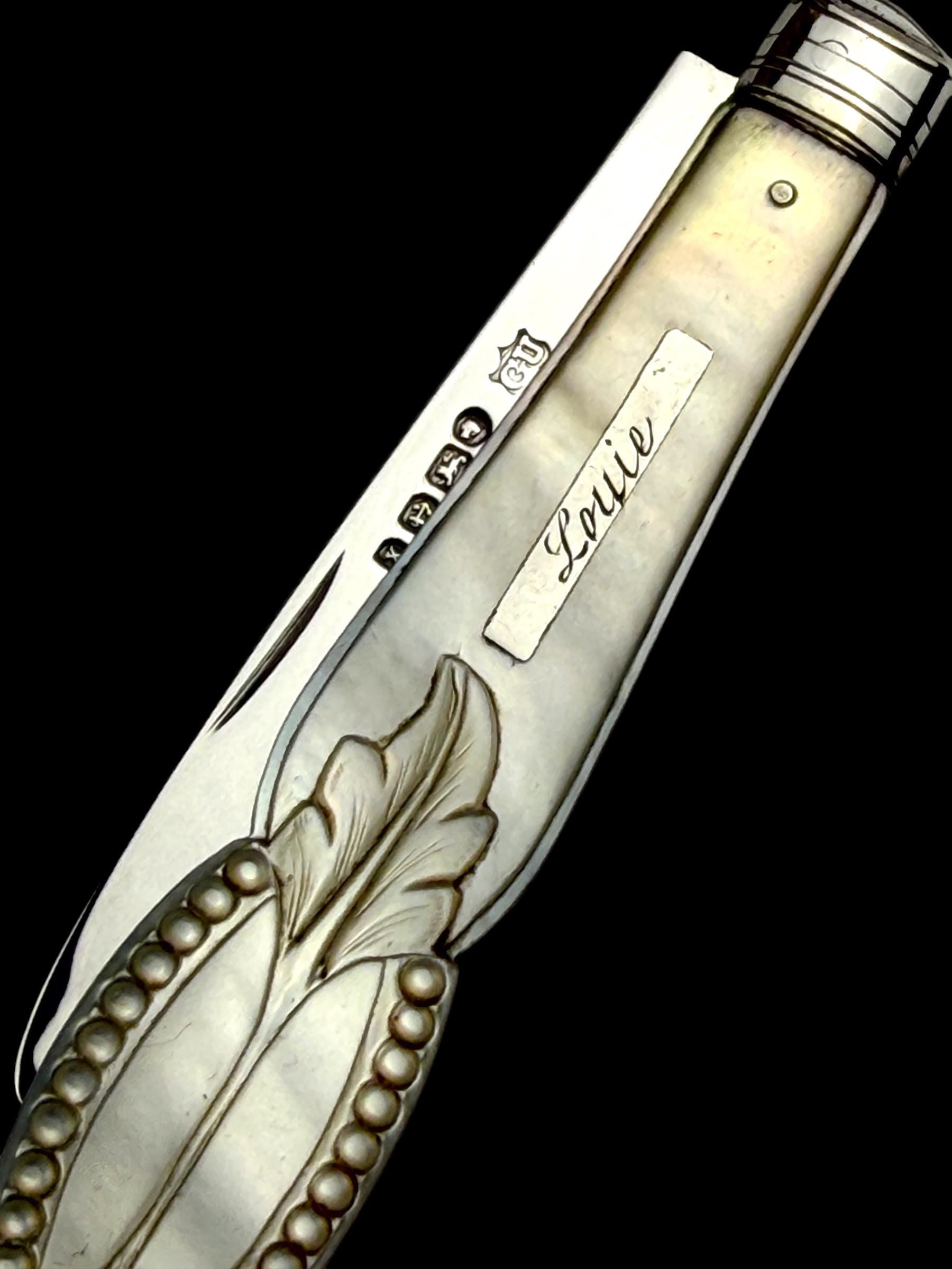 Antique Pocket Knife. 1872, Mother of Pearl and Sterling Silver.