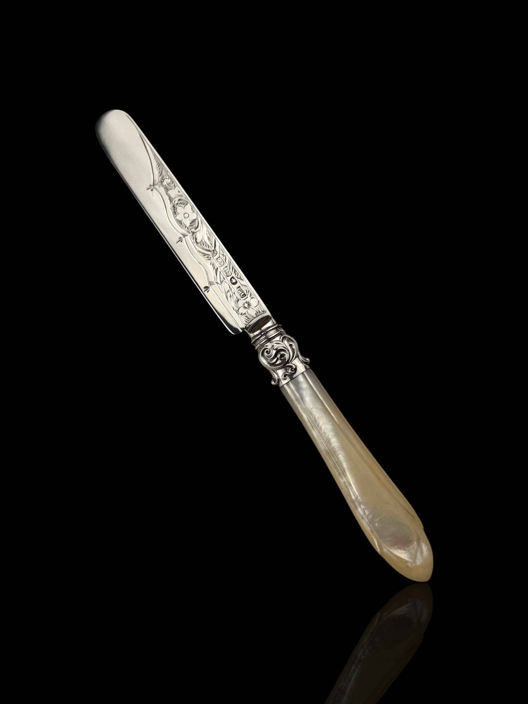 Antique Letter Opener or Butter Knife. 1867, Sterling Silver and MOther of Pearl. Cased.