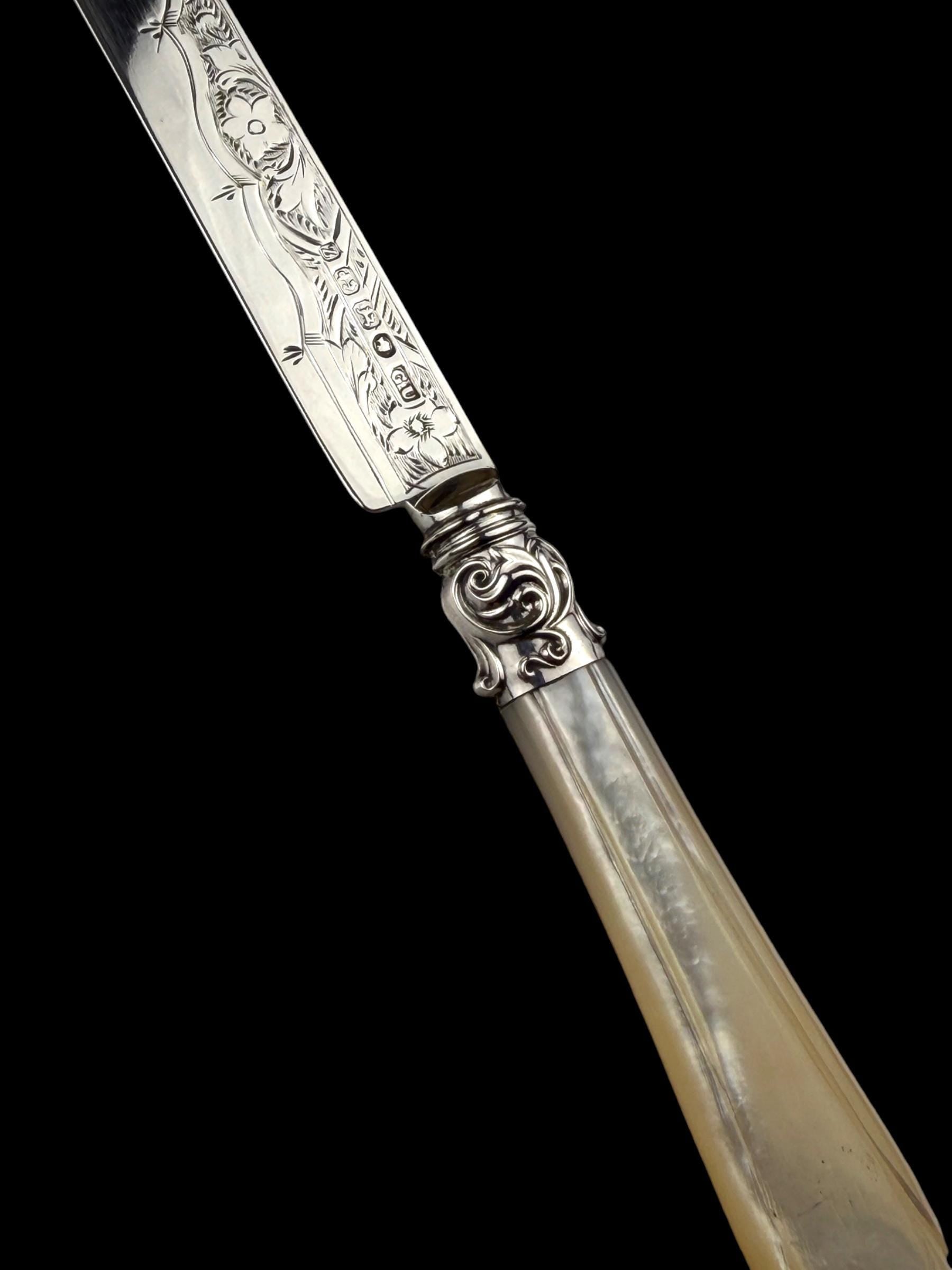 Antique Letter Opener or Butter Knife. 1867, Sterling Silver and MOther of Pearl. Cased.