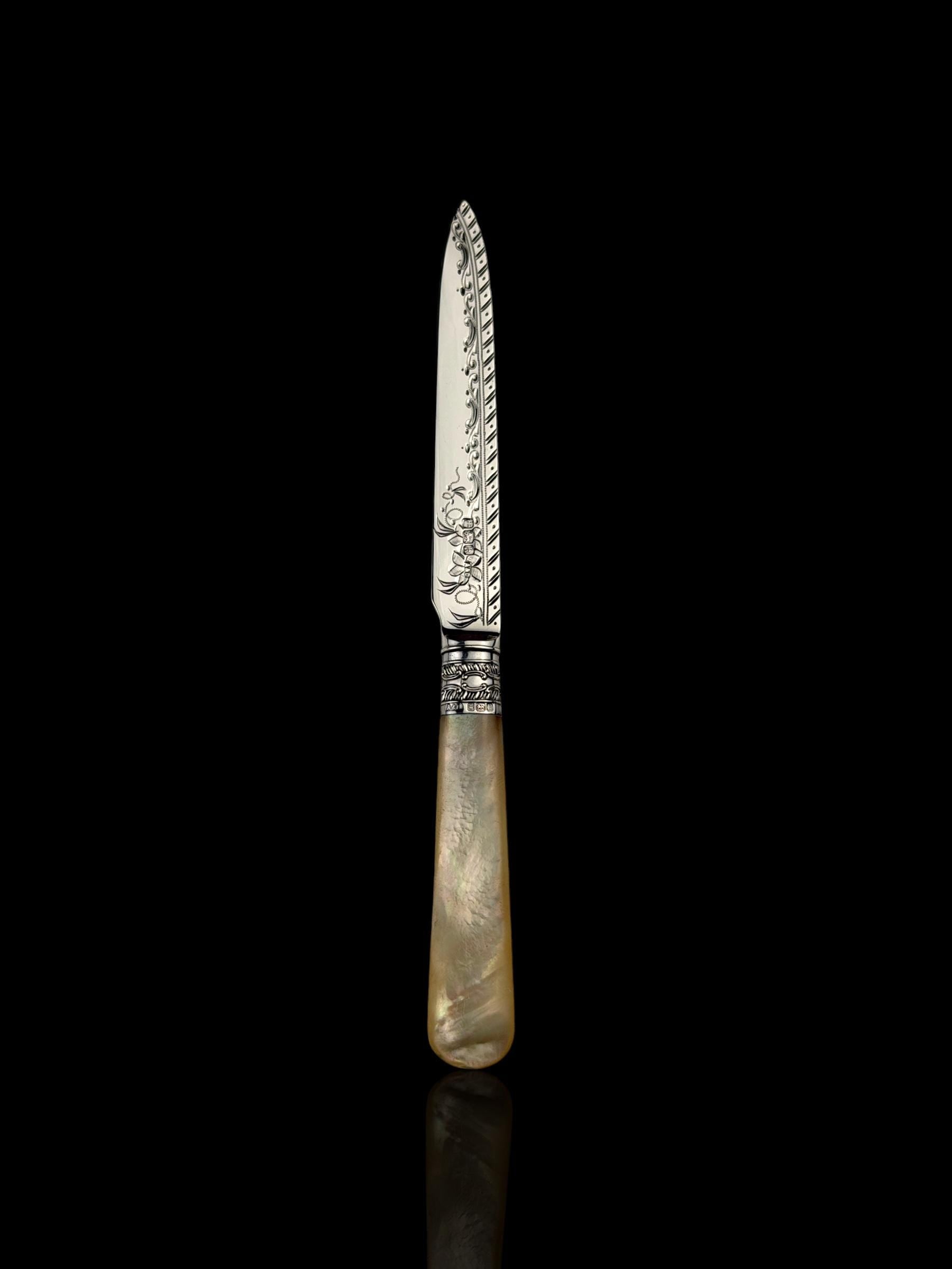 Antique Letter Opener or Butter Knife. 1902, Mother of Pearl and Sterling Silver. Cased.