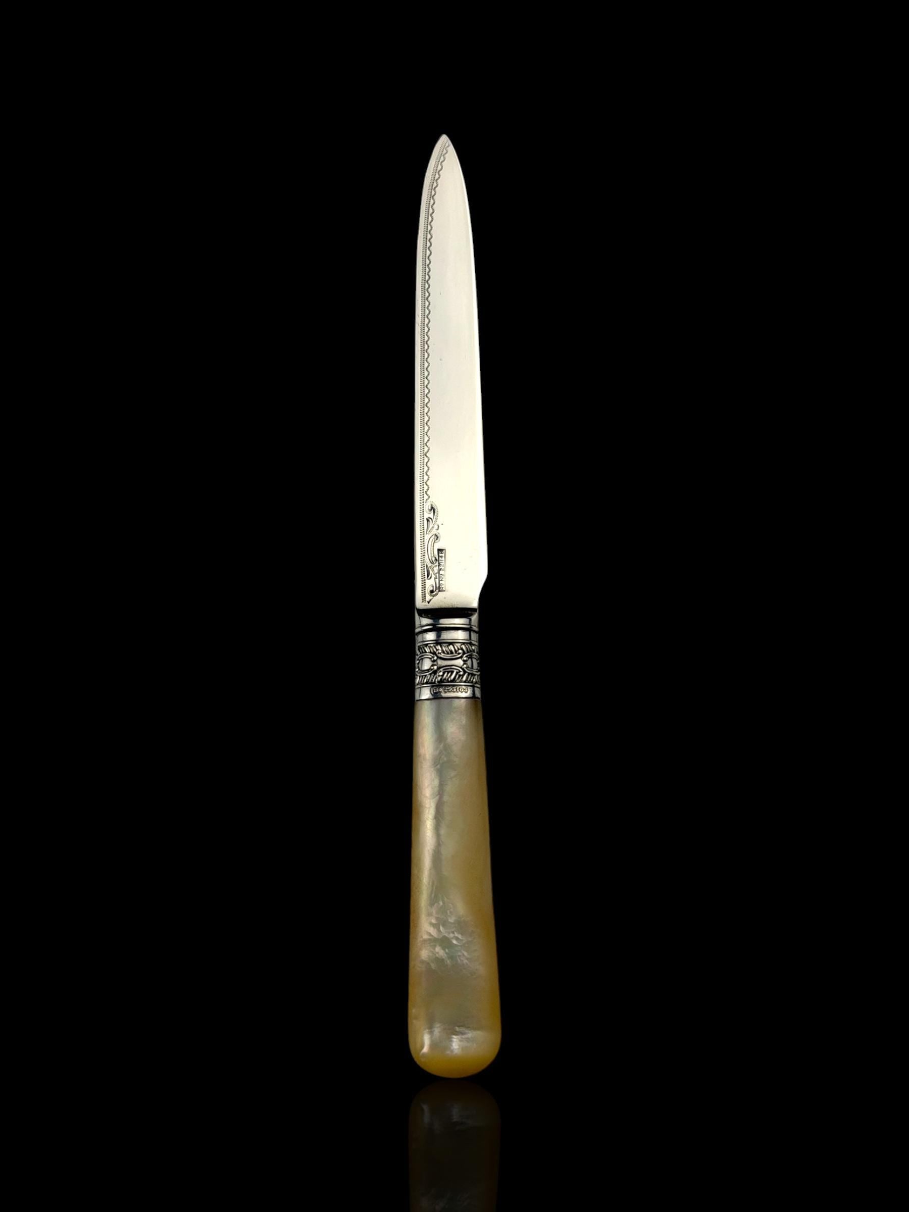 Antique Letter Opener or Butter Knife. 1902, Mother of Pearl and Sterling Silver. Cased.