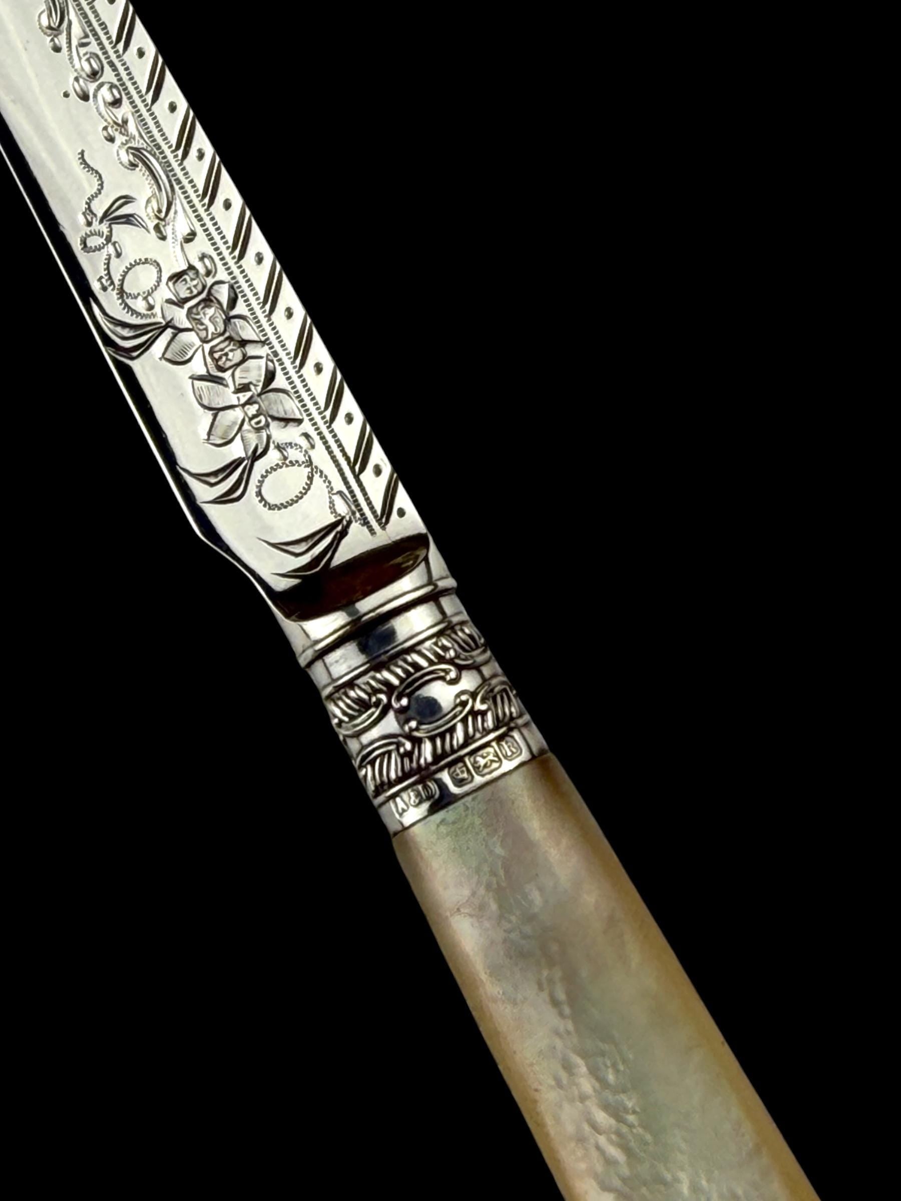 Antique Letter Opener or Butter Knife. 1902, Mother of Pearl and Sterling Silver. Cased.