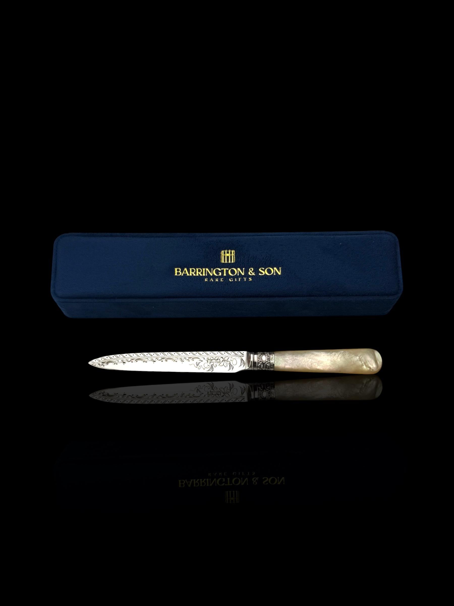Antique Letter Opener or Butter Knife. 1902, Mother of Pearl and Sterling Silver. Cased.