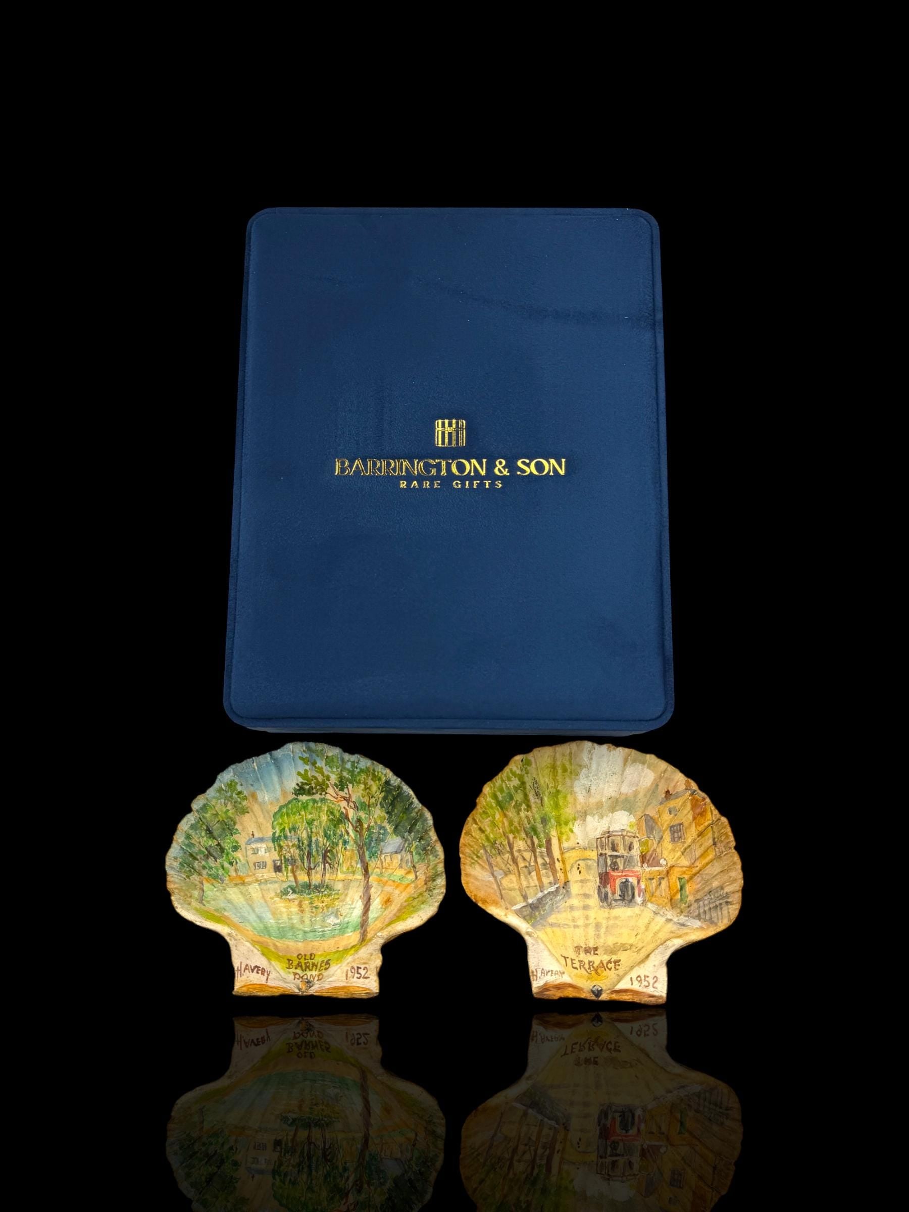 Pair of Hand-Painted 1952 British Souvenir Scallop Shells – Barnes, London – Signed H. Avery