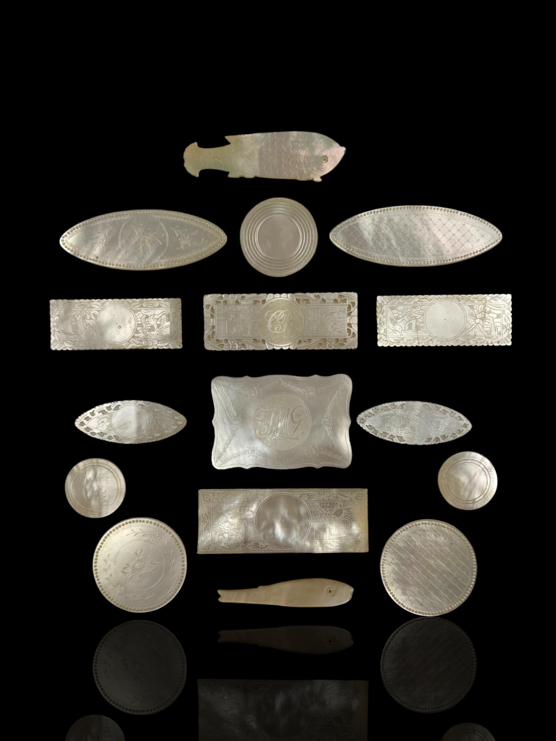 Antique Mother of Pearl Gaming Counters. 18th-19th Century. Ready for Framing.