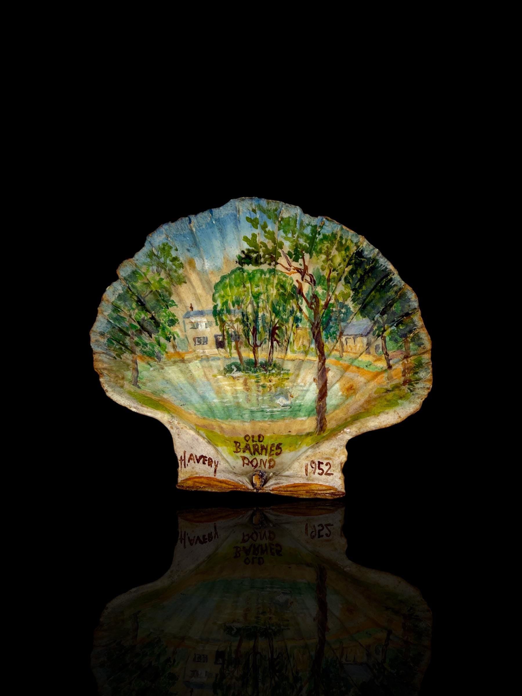 Pair of Hand-Painted 1952 British Souvenir Scallop Shells – Barnes, London – Signed H. Avery