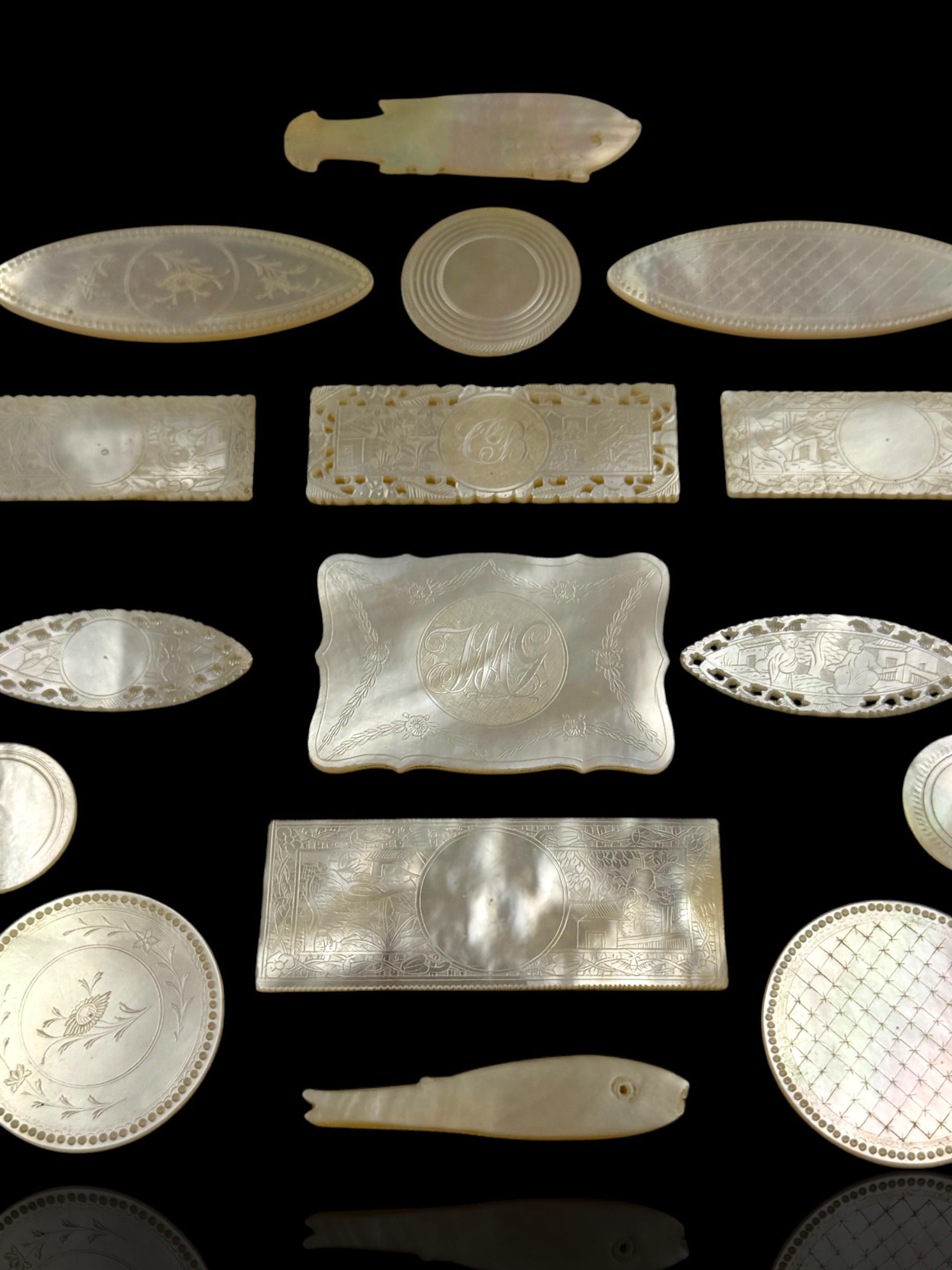 Antique Mother of Pearl Gaming Counters. 18th-19th Century. Ready for Framing.