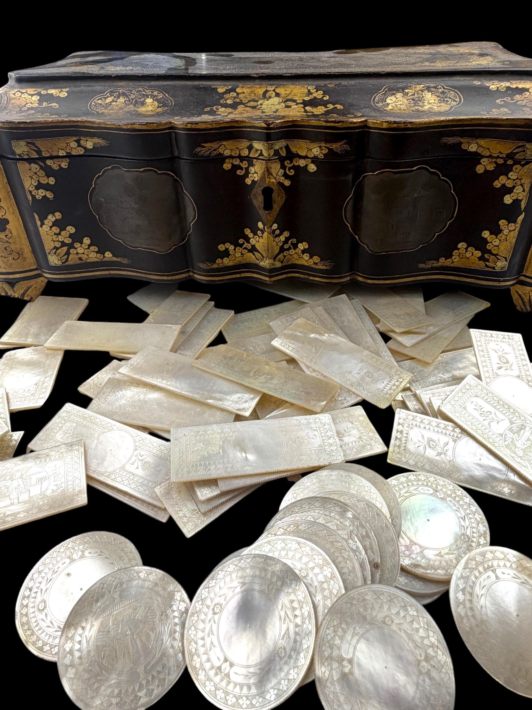 Qing Dynasty Games Box and Mother of Pearl Counters.